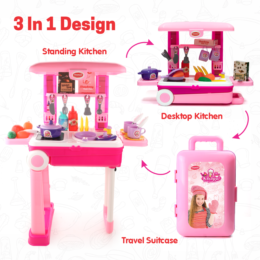 Chanak 2-in-1 Kids Pretend Play Combo – Kitchen Set with Realistic Stove & Beauty Set Trolley | 49 PCS | 3-in-1 Convertible | Gift for Girls (Ages 2–5) Aditi Toys Pvt. Ltd.