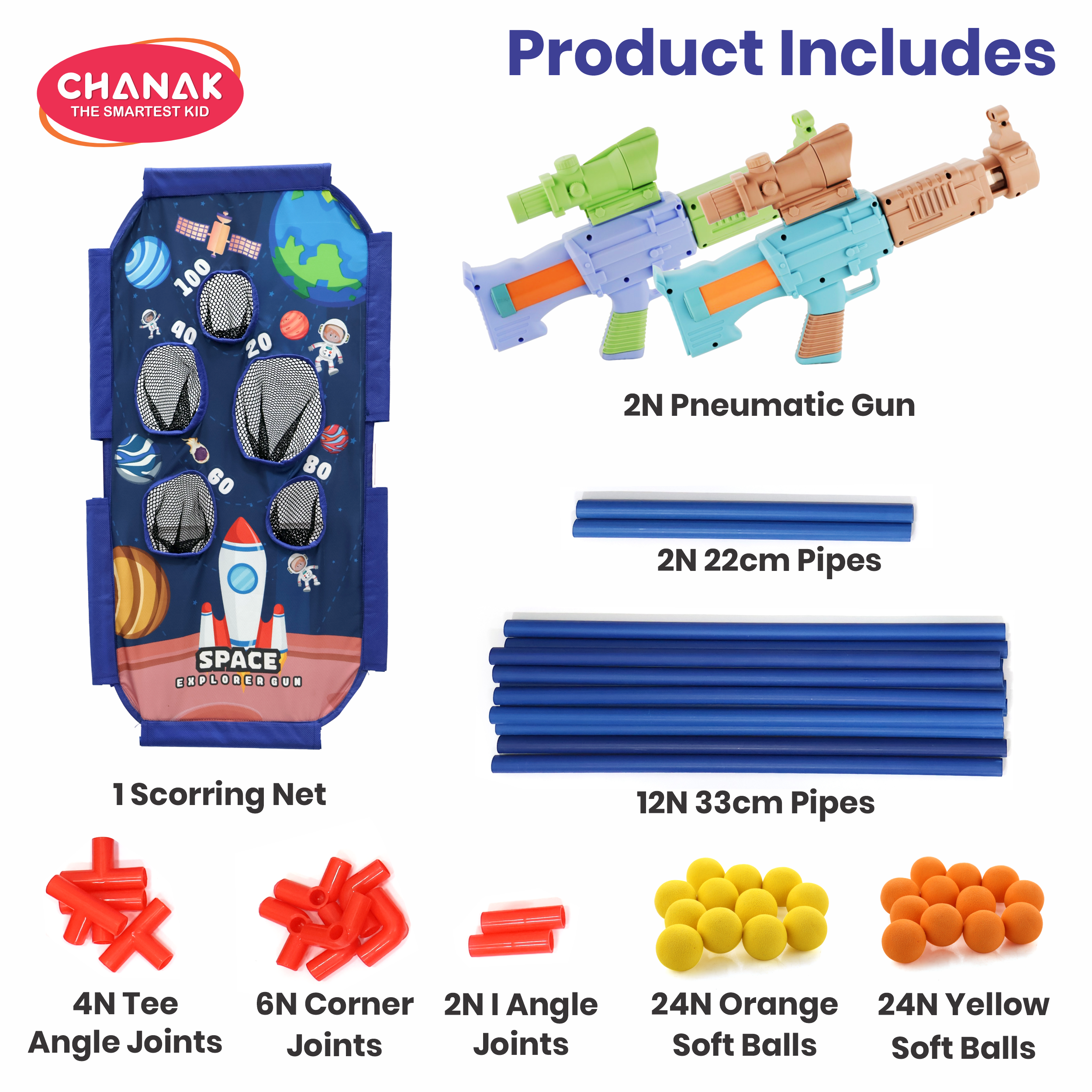 Complete set with 2 pneumatic guns, 48 foam balls, scoring net, pipes, and joints included in the toy pack