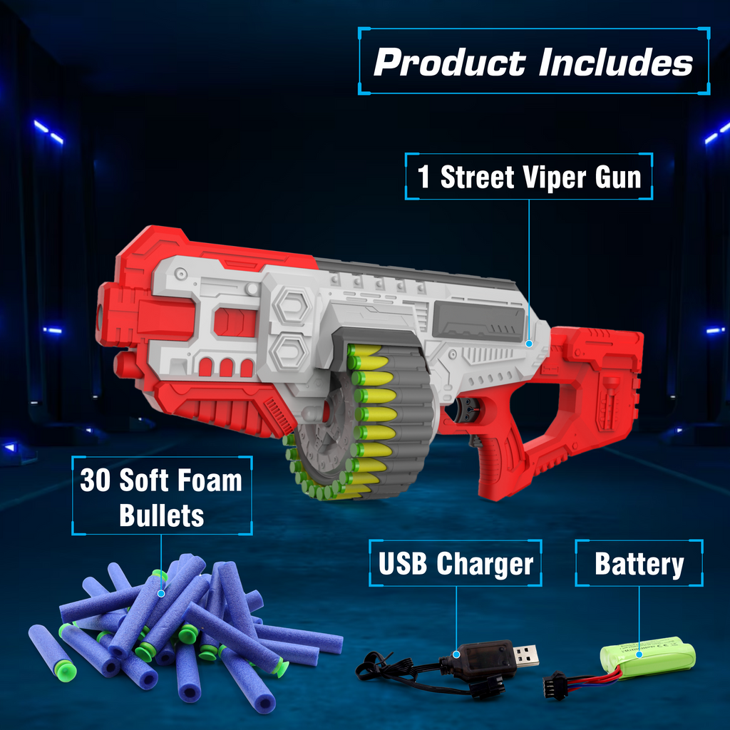 Street Viper Big Blaster Motorized Dart Gun Toy Includes 30 Soft Foam Bullet Darts, 60-Foot Firing Range, Rechargeable Electric Battery Design for Boys Girls, Above 5+ Age(Red-Grey)