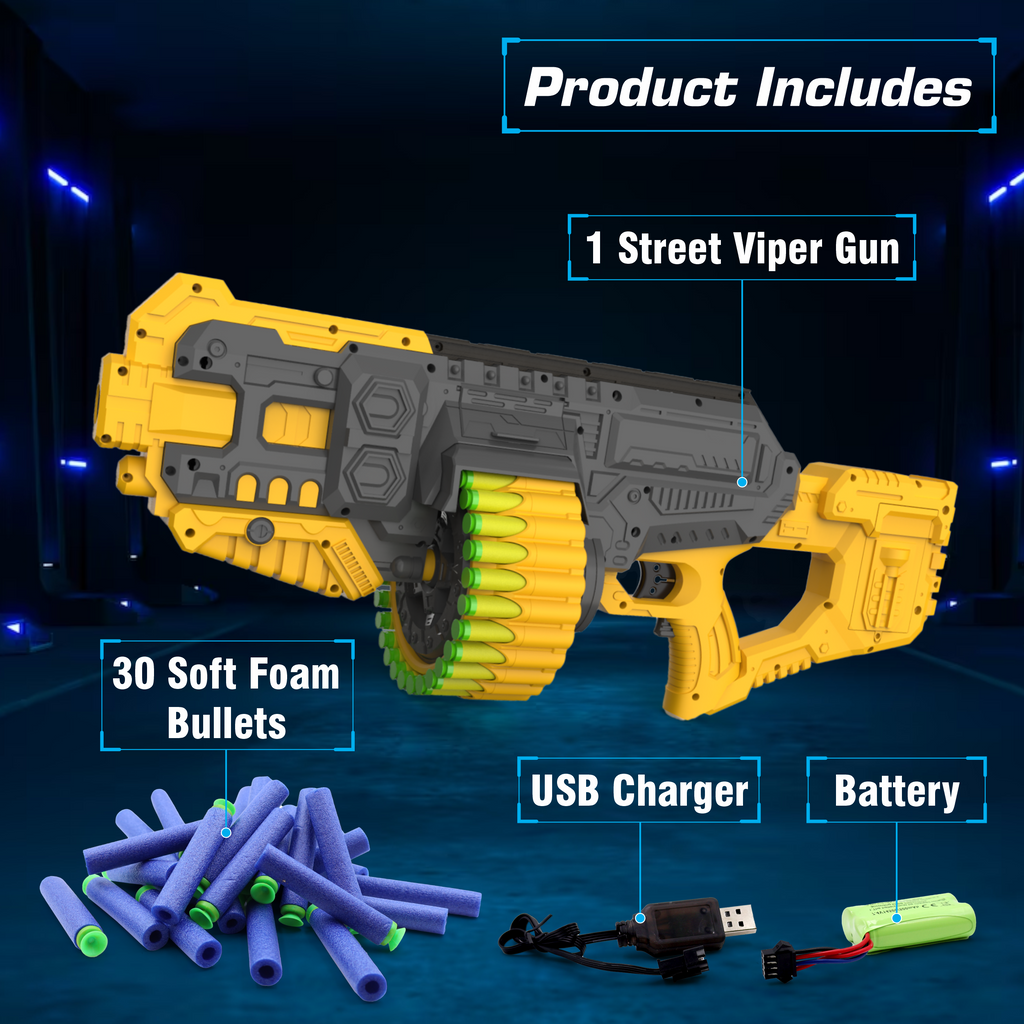 Street Viper Big Blaster Motorized Dart Gun Toy Includes 30 Soft Foam Bullet Darts, 60-Foot Firing Range, Rechargeable Electric Battery Design for Boys Girls, Above 5+ Age(Yellow-Grey)