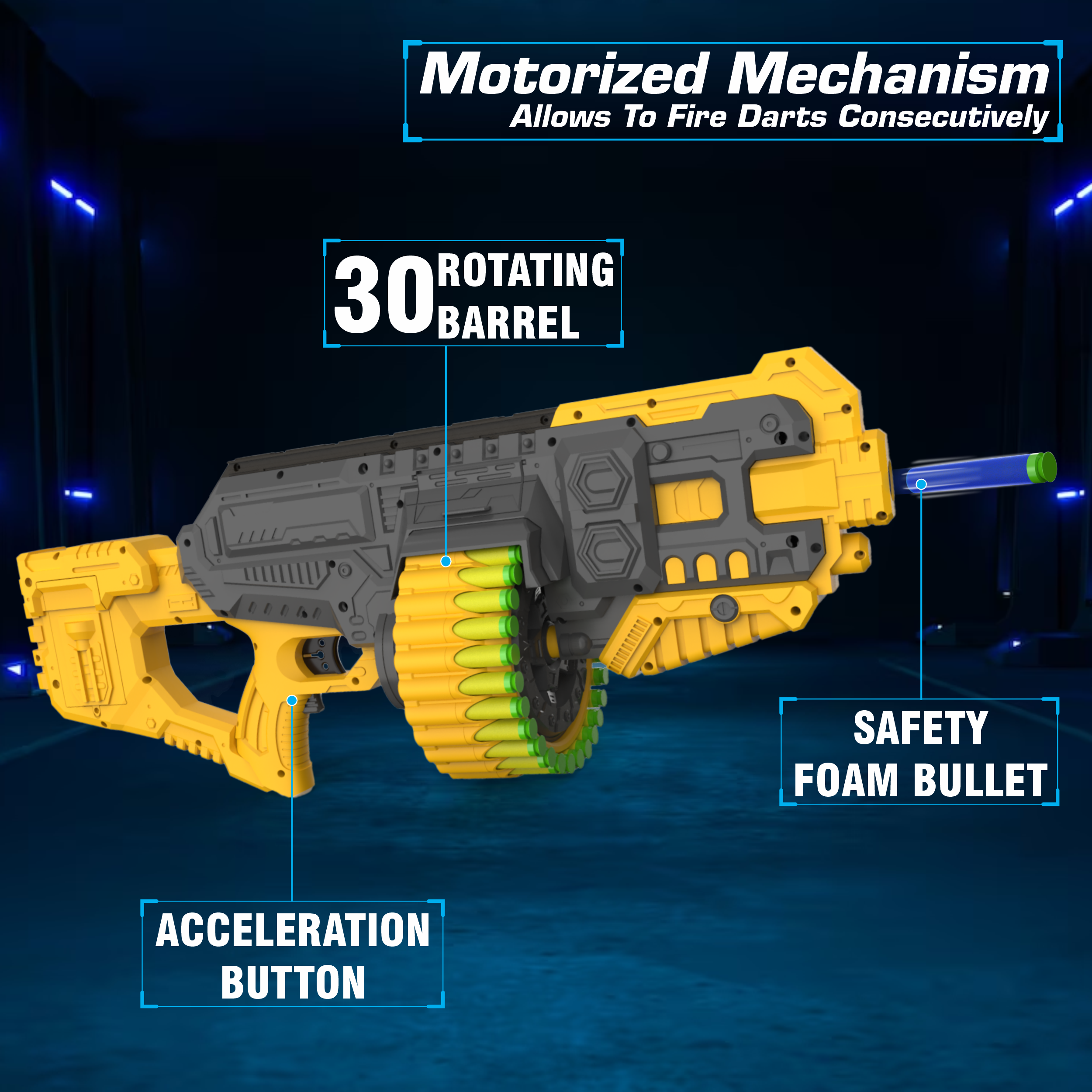 Street Viper Big Blaster Motorized Dart Gun Toy Includes 30 Soft Foam Bullet Darts, 60-Foot Firing Range, Rechargeable Electric Battery Design for Boys Girls, Above 5+ Age(Yellow-Grey)