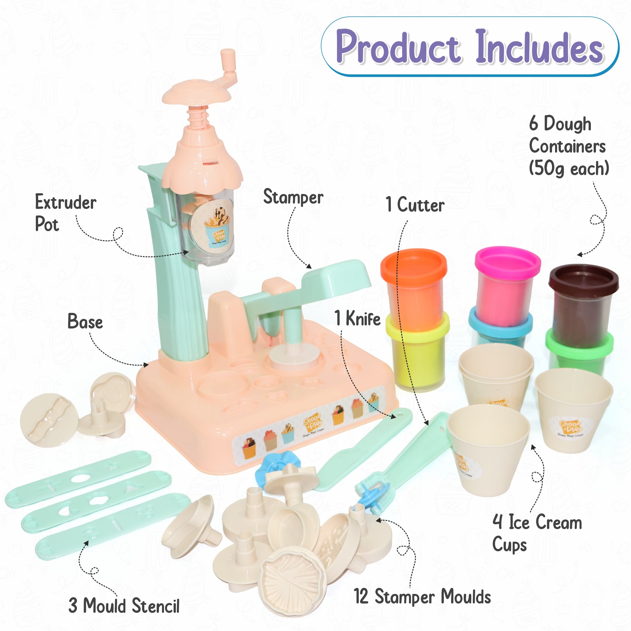 Chanak Play Dough Ice Cream Maker Set, Safe Non-Toxic Dough Kitchen Ice Cream Maker Including 6 Color Dough Tubes Each 50g For Boys Girls, Above 3+ Age (Ivory) chanak