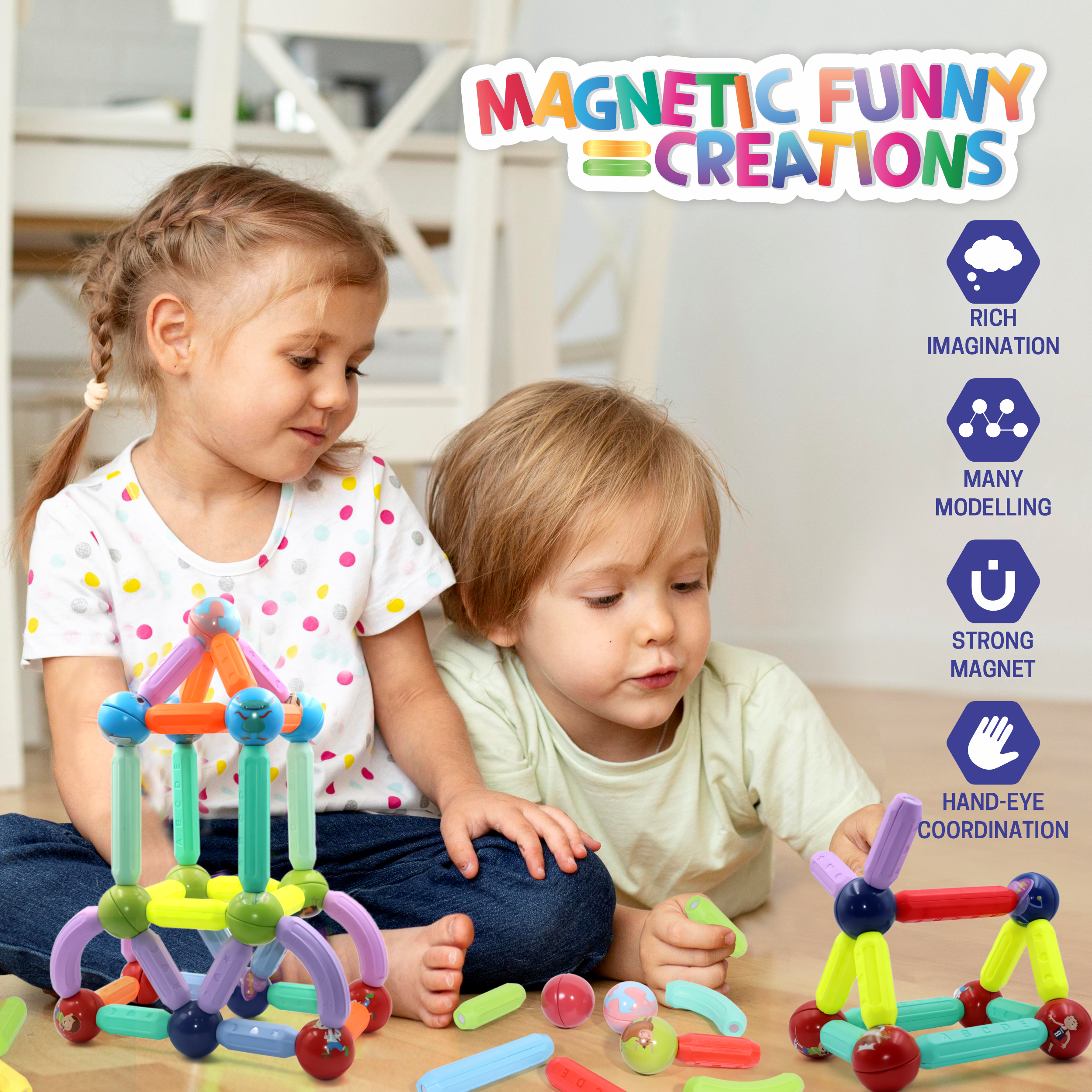 Chanak 76 Piece Magnetic Building Stick & Ball Blocks, Montessori Magnetic Funny Creation Toy, Creativity Kids Games, Preschool Toys – STEM Toy for Kids 3+ For Boys Girls, Above 3+ Age chanak