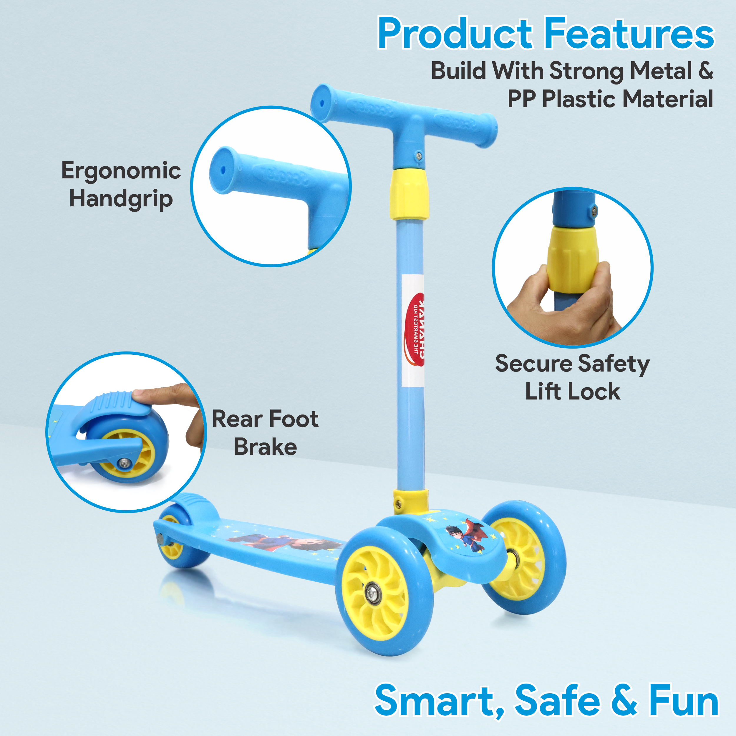 Chanak Go Thunder Kick Scooter for kids 3 Wheel Foldable Scooter With Rear Break 4 Height Adjustable With Lock for Boy & Girl 5+ Age Kids Scooter (Blue) chanak