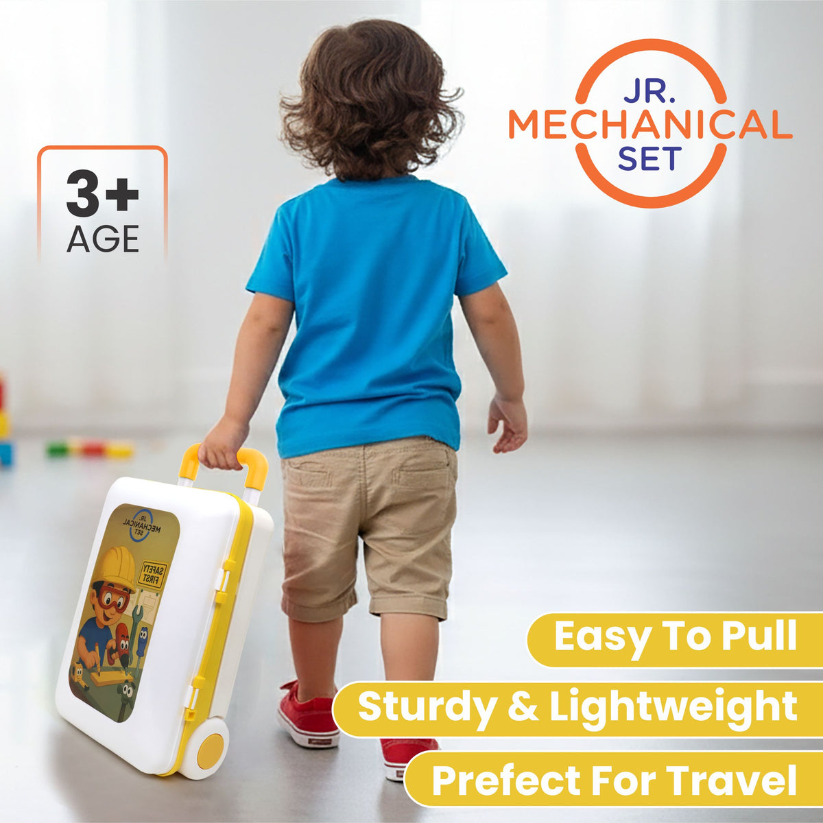 Chanak Jr. Mechanical Set with Pull & Push Trolley for Kids,Mechanical Set with LED Light Instruments, Pretend Play Tool Set for Kids Above 3 Years, 24 Piece Tool Kit, BIS Approved (Yellow)