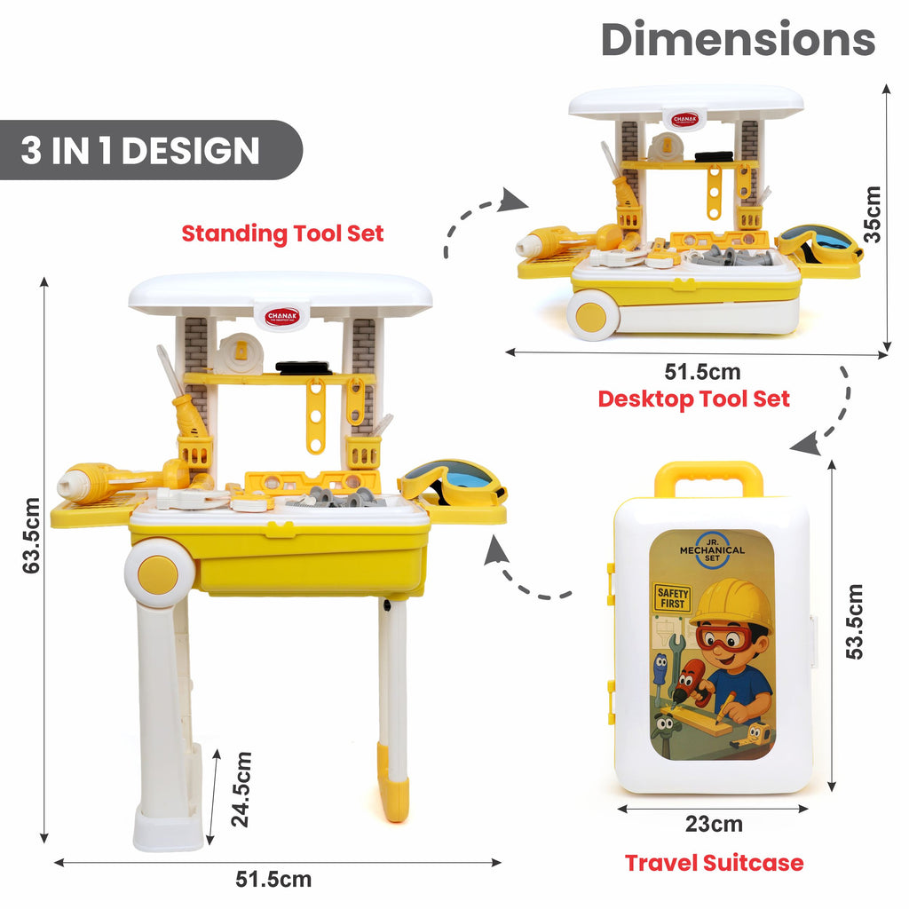 Chanak Jr. Mechanical Set with Pull & Push Trolley for Kids,Mechanical Set with LED Light Instruments, Pretend Play Tool Set for Kids Above 3 Years, 24 Piece Tool Kit, BIS Approved (Yellow)