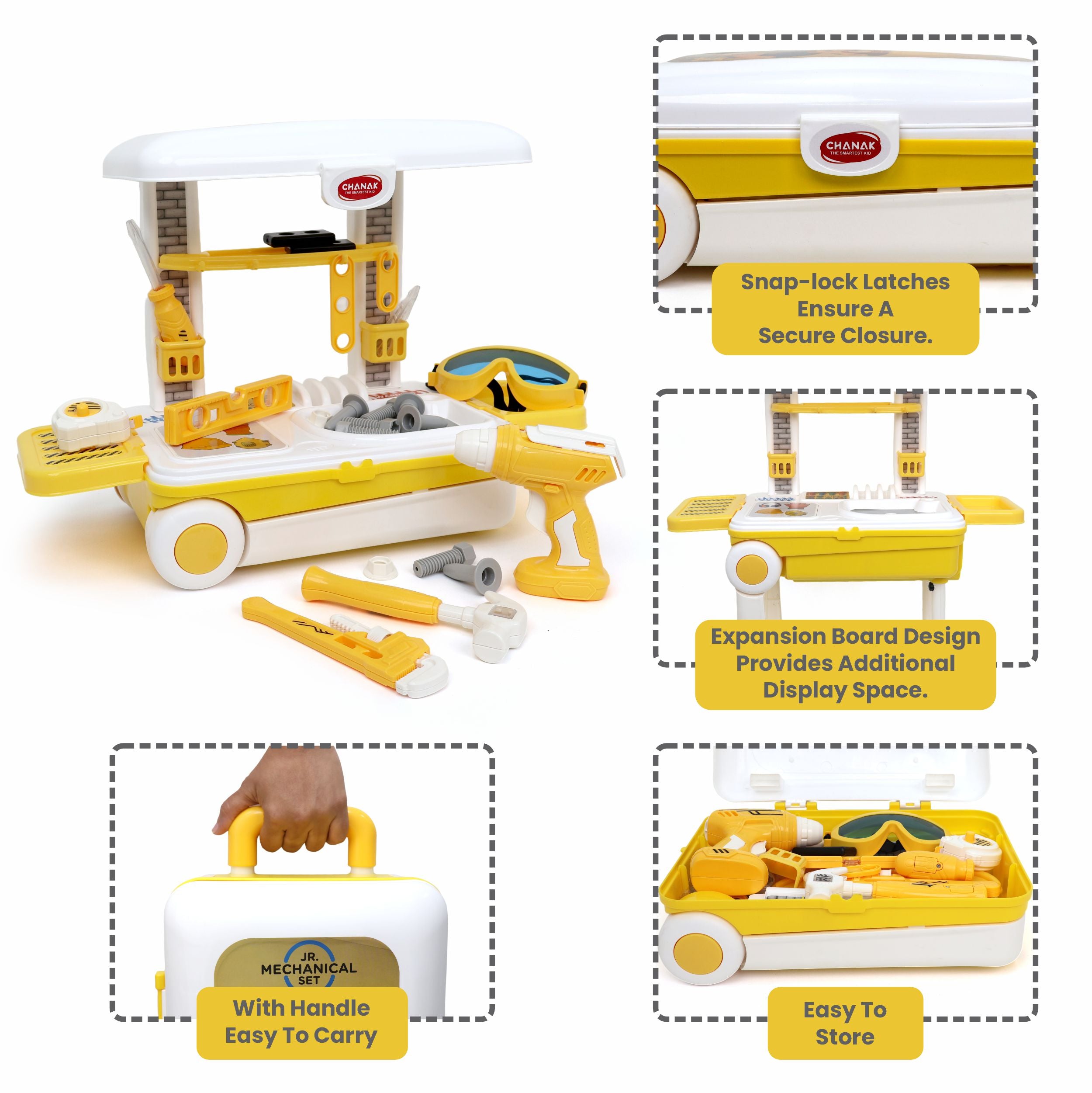 Chanak Jr. Mechanical Set with Pull & Push Trolley for Kids,Mechanical Set with LED Light Instruments, Pretend Play Tool Set for Kids Above 3 Years, 24 Piece Tool Kit, BIS Approved (Yellow)