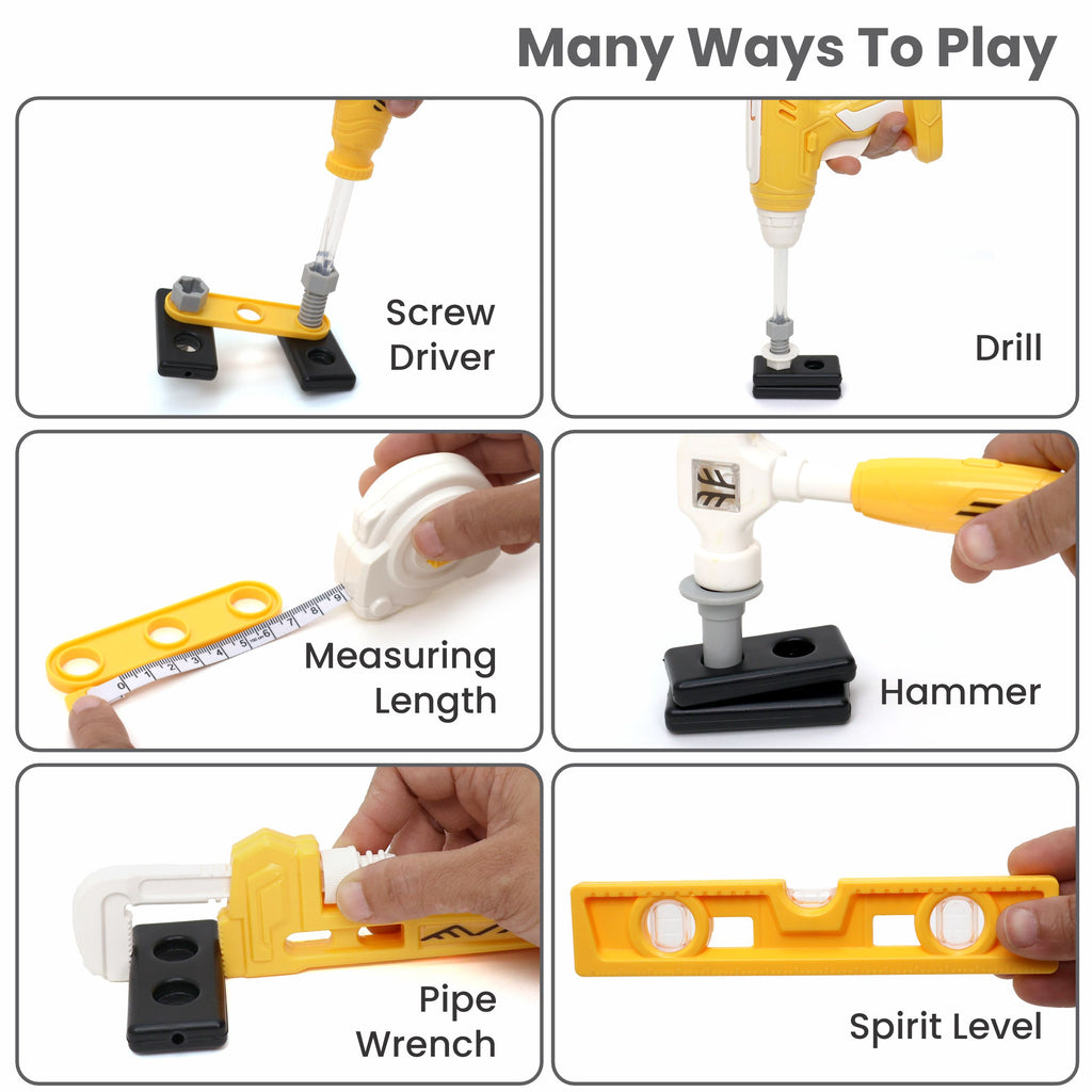 Chanak Jr. Mechanical Set with Pull & Push Trolley for Kids,Mechanical Set with LED Light Instruments, Pretend Play Tool Set for Kids Above 3 Years, 24 Piece Tool Kit, BIS Approved (Yellow)
