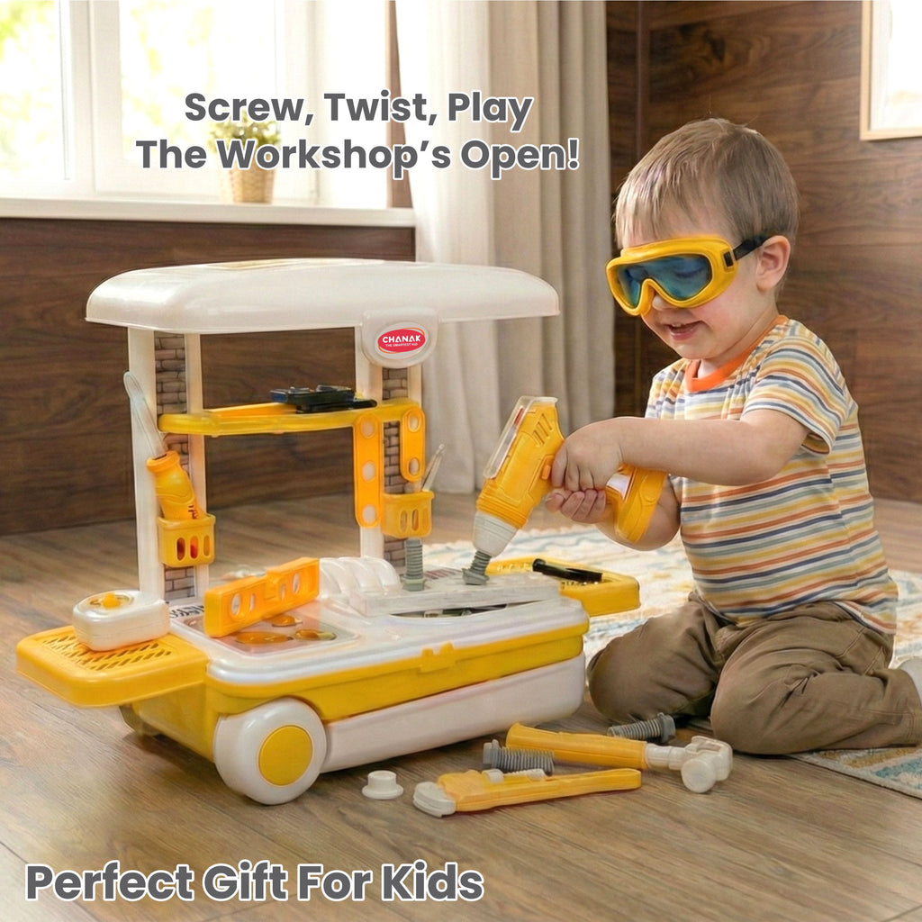 Chanak Jr. Mechanical Set with Pull & Push Trolley for Kids,Mechanical Set with LED Light Instruments, Pretend Play Tool Set for Kids Above 3 Years, 24 Piece Tool Kit, BIS Approved (Yellow)