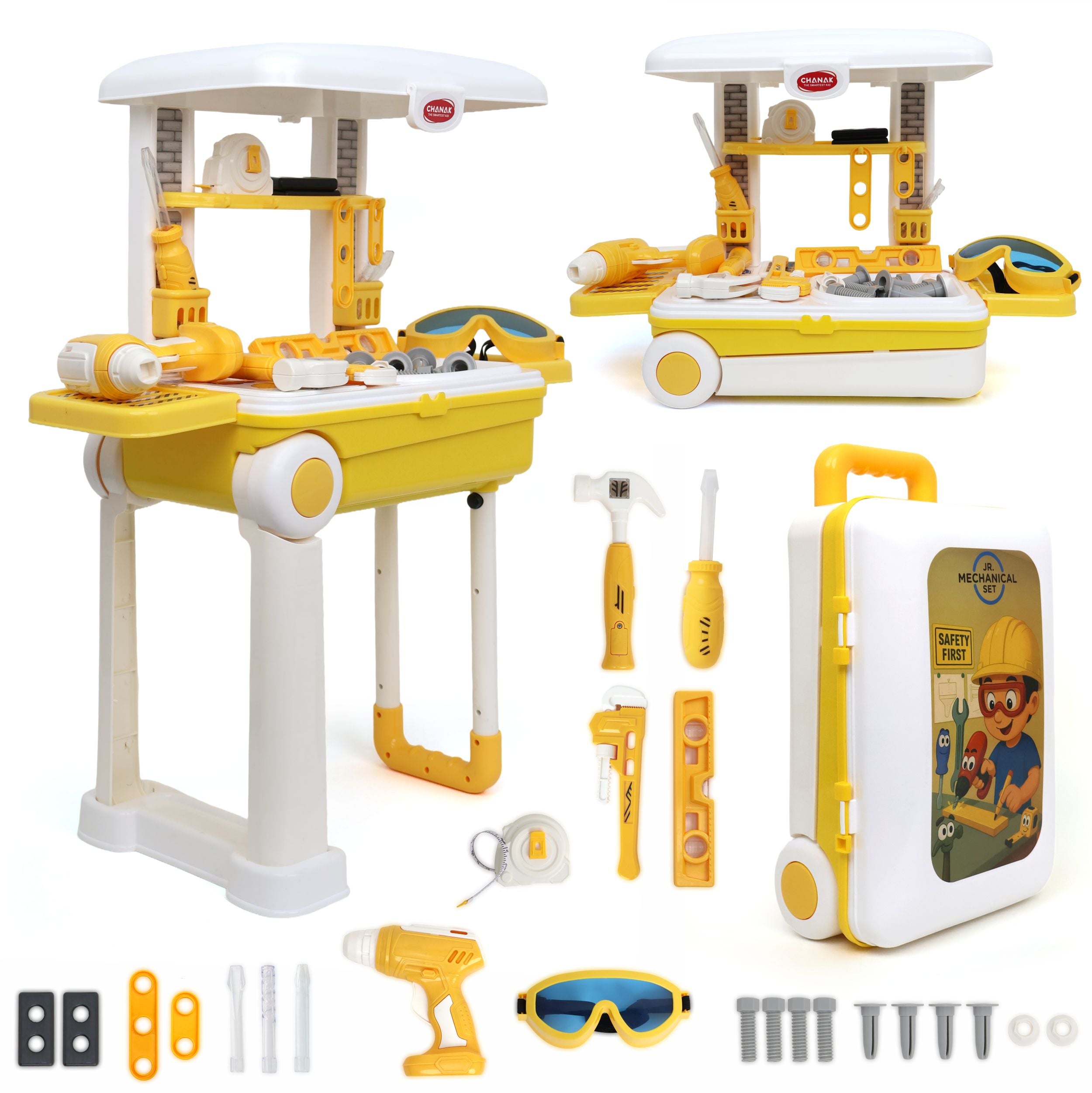 Chanak Jr. Kids Mechanical Tool Set with Pull & Push Trolley | 24-Piece Pretend Play Tool Kit with LED Light Tools | BIS Approved Toy Set for Kids 3+ Years (Grey) chanak