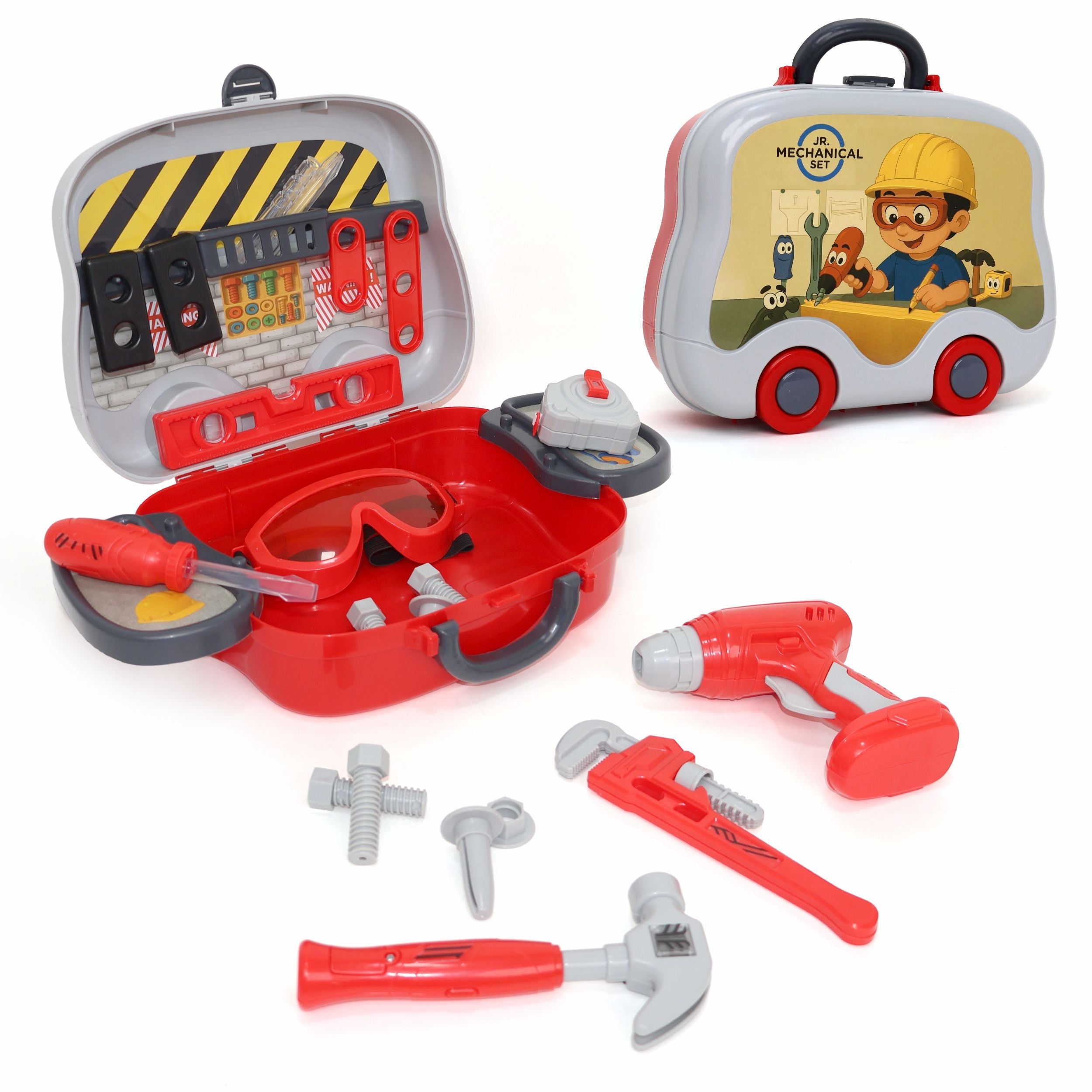 Chanak Jr. Mechanical Set Wheel Briefcase for Kids, Mechanical Set with LED Light Instruments, Pretend Play Mechanical Set for Kids Above 3 Years, 24 Piece Mechanical Set for Boys & Girls, BIS Approved. (Red Briefcase) chanak