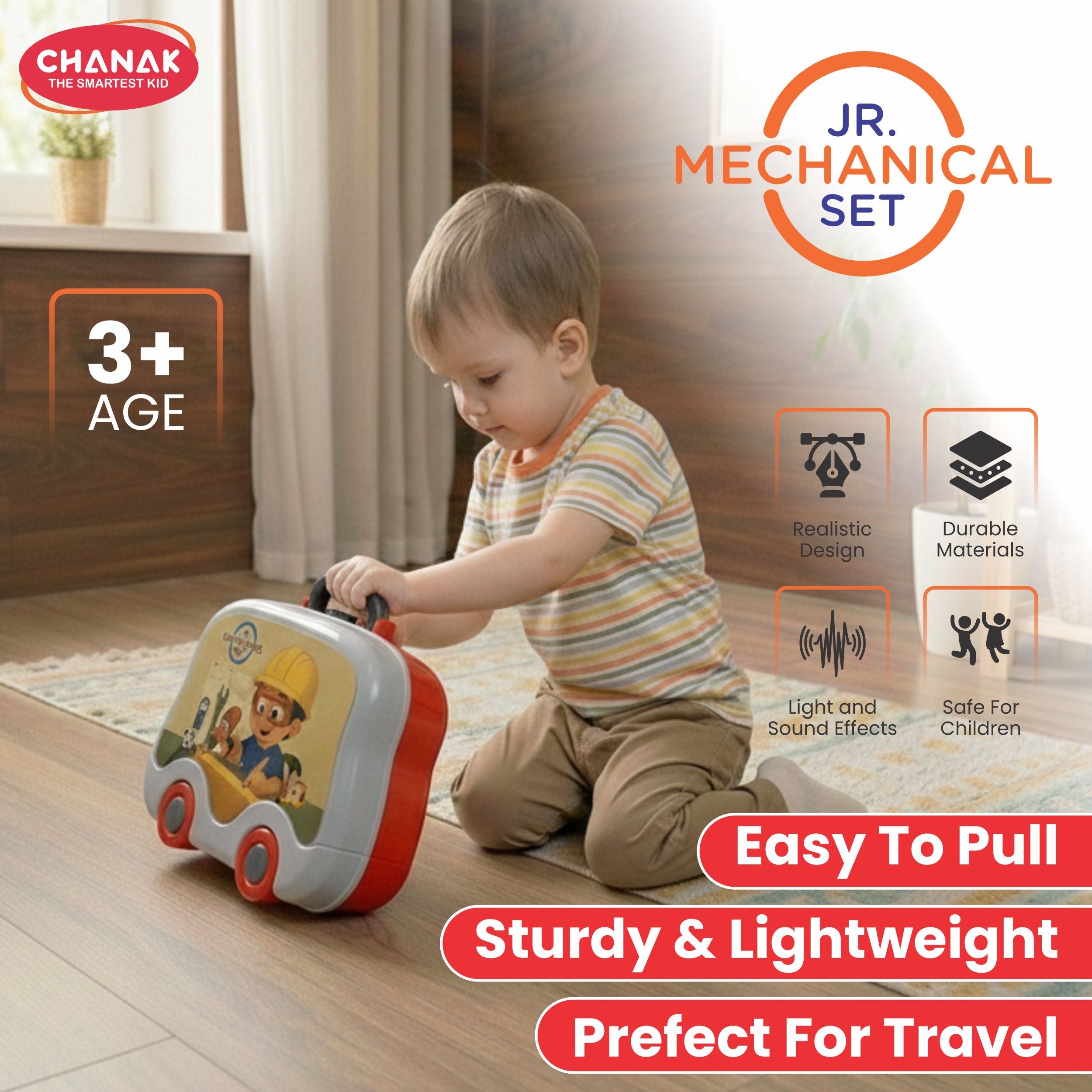 Chanak Jr. Mechanical Set Wheel Briefcase for Kids, Mechanical Set with LED Light Instruments, Pretend Play Mechanical Set for Kids Above 3 Years, 24 Piece Mechanical Set for Boys & Girls, BIS Approved. (Red Briefcase) chanak