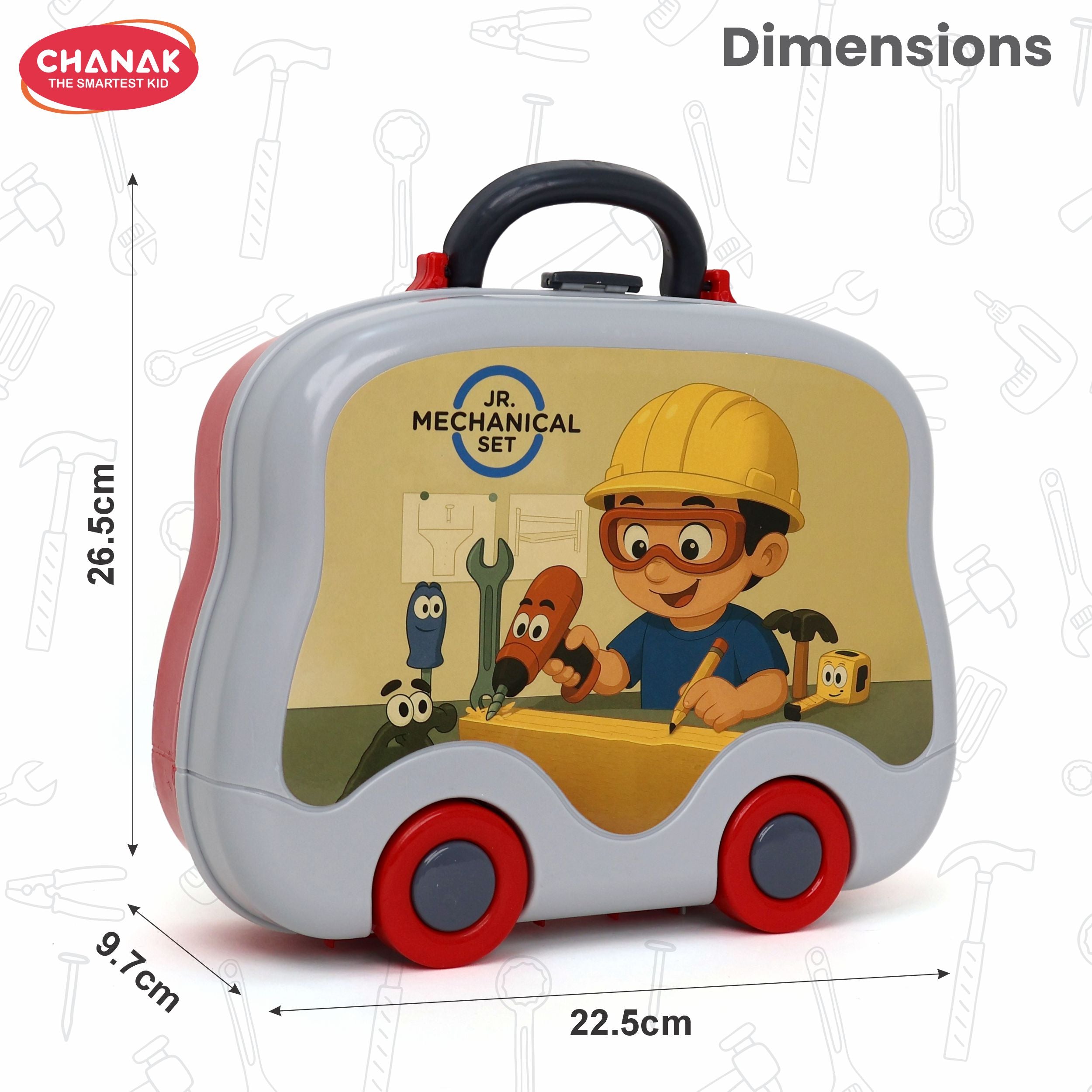 Chanak Jr. Mechanical Set Wheel Briefcase for Kids, Mechanical Set with LED Light Instruments, Pretend Play Mechanical Set for Kids Above 3 Years, 24 Piece Mechanical Set for Boys & Girls, BIS Approved. (Red Briefcase) chanak