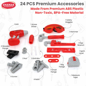 Chanak Jr. Mechanical Set Wheel Briefcase for Kids, Mechanical Set with LED Light Instruments, Pretend Play Mechanical Set for Kids Above 3 Years, 24 Piece Mechanical Set for Boys & Girls, BIS Approved. (Red Briefcase) chanak