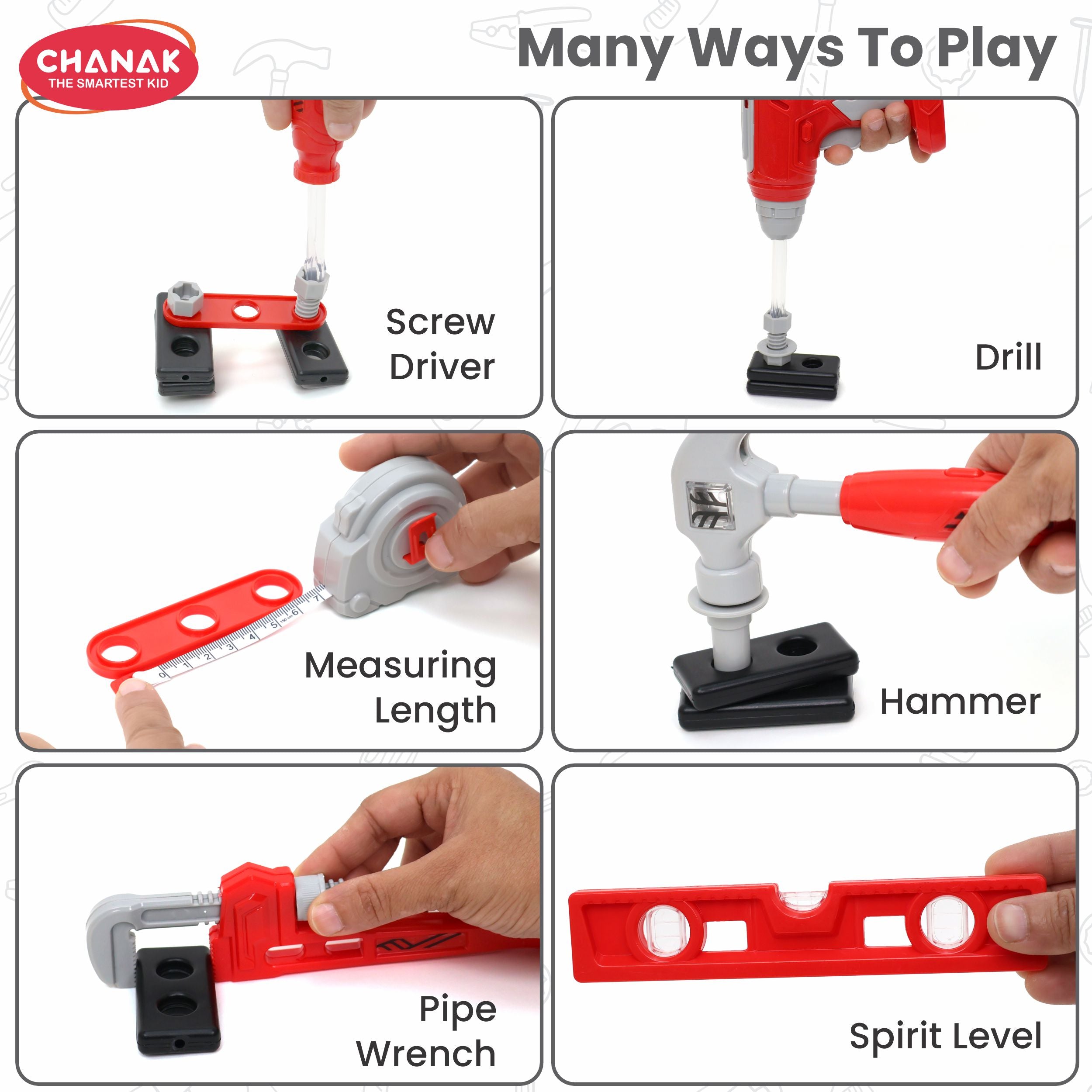 Chanak Jr. Mechanical Set Wheel Briefcase for Kids, Mechanical Set with LED Light Instruments, Pretend Play Mechanical Set for Kids Above 3 Years, 24 Piece Mechanical Set for Boys & Girls, BIS Approved. (Red Briefcase) chanak