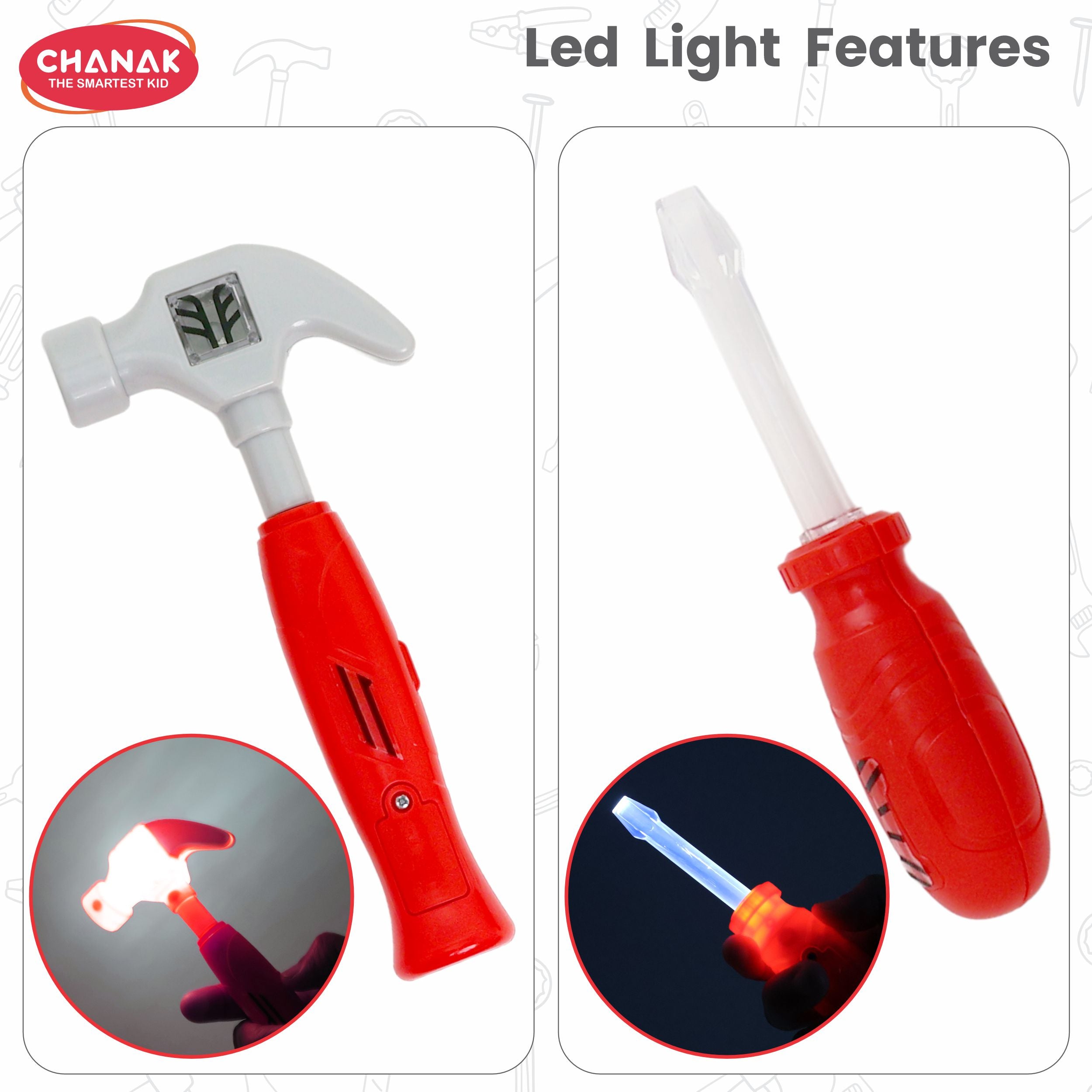 Chanak Jr. Mechanical Set Wheel Briefcase for Kids, Mechanical Set with LED Light Instruments, Pretend Play Mechanical Set for Kids Above 3 Years, 24 Piece Mechanical Set for Boys & Girls, BIS Approved. (Red Briefcase) chanak