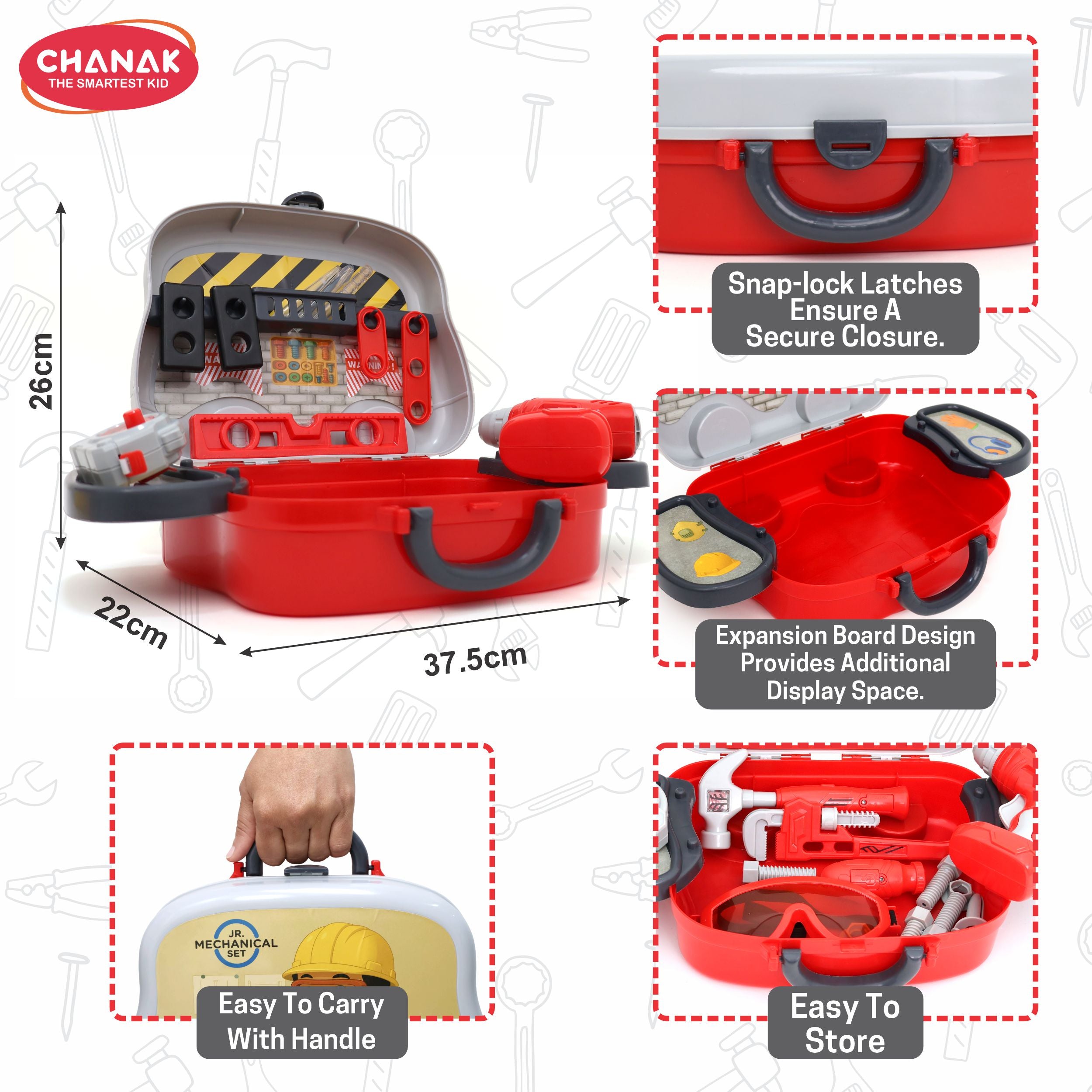 Chanak Jr. Mechanical Set Wheel Briefcase for Kids, Mechanical Set with LED Light Instruments, Pretend Play Mechanical Set for Kids Above 3 Years, 24 Piece Mechanical Set for Boys & Girls, BIS Approved. (Red Briefcase) chanak