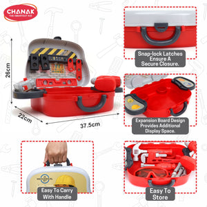 Chanak Jr. Mechanical Set Wheel Briefcase for Kids, Mechanical Set with LED Light Instruments, Pretend Play Mechanical Set for Kids Above 3 Years, 24 Piece Mechanical Set for Boys & Girls, BIS Approved. (Red Briefcase) chanak