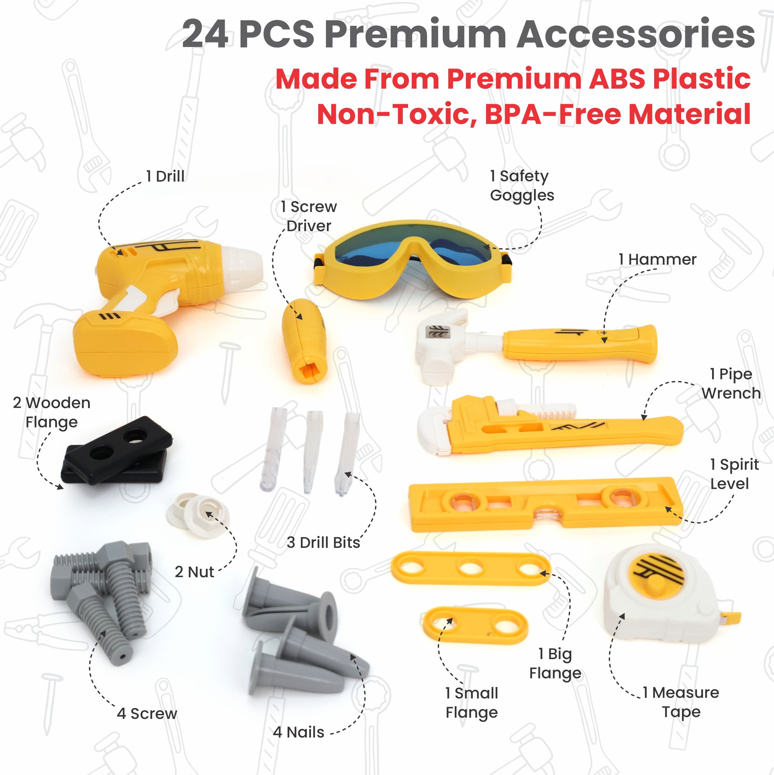 Chanak Jr. Mechanical Set Wheel Briefcase for Kids, Mechanical Set with LED Light Instruments, Pretend Play Mechanical Set for Kids Above 3 Years, 24 Piece Mechanical Set for Boys & Girls, BIS Approved. (Yellow Briefcase) chanak