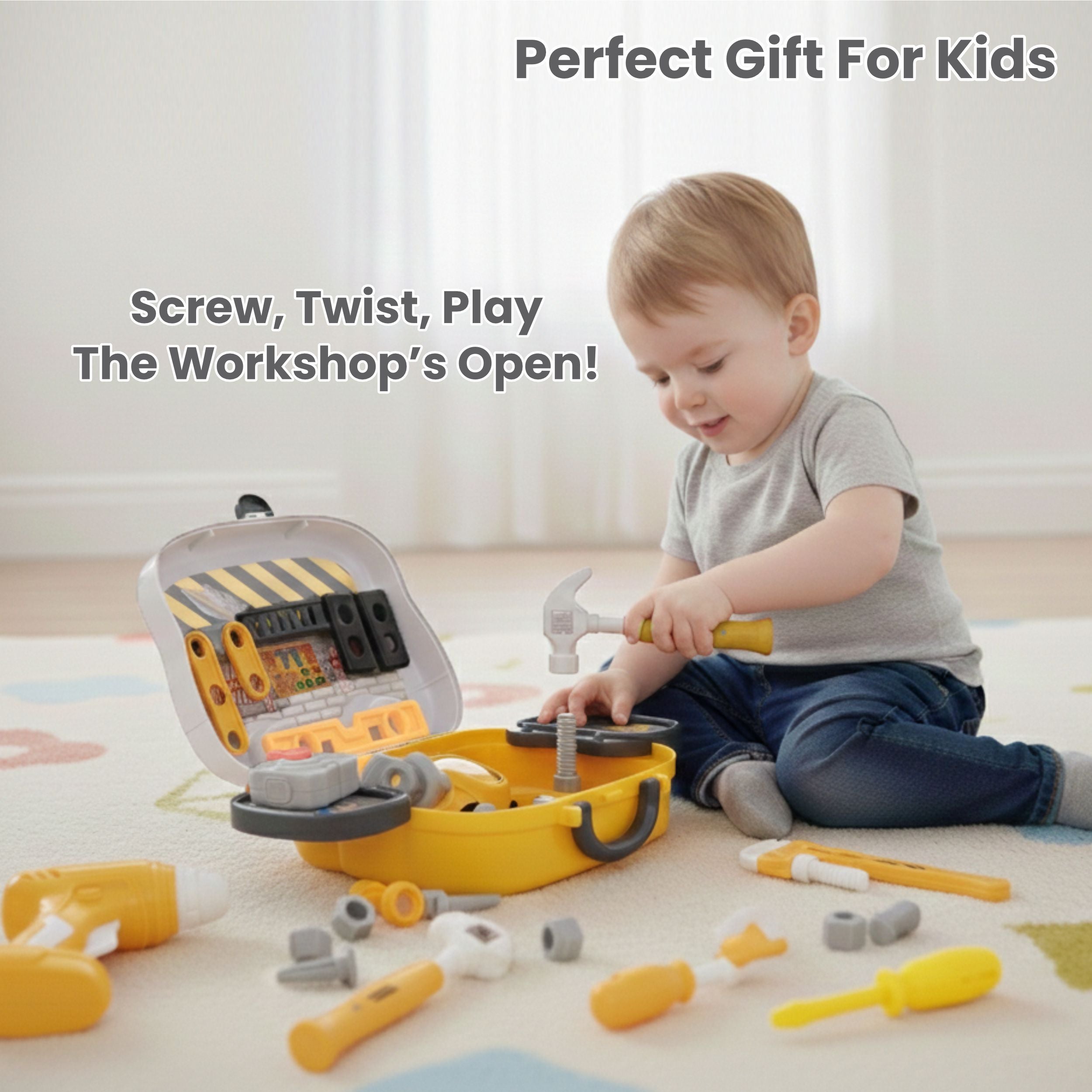 Chanak Jr. Mechanical Set Wheel Briefcase for Kids, Mechanical Set with LED Light Instruments, Pretend Play Mechanical Set for Kids Above 3 Years, 24 Piece Mechanical Set for Boys & Girls, BIS Approved. (Yellow Briefcase) chanak