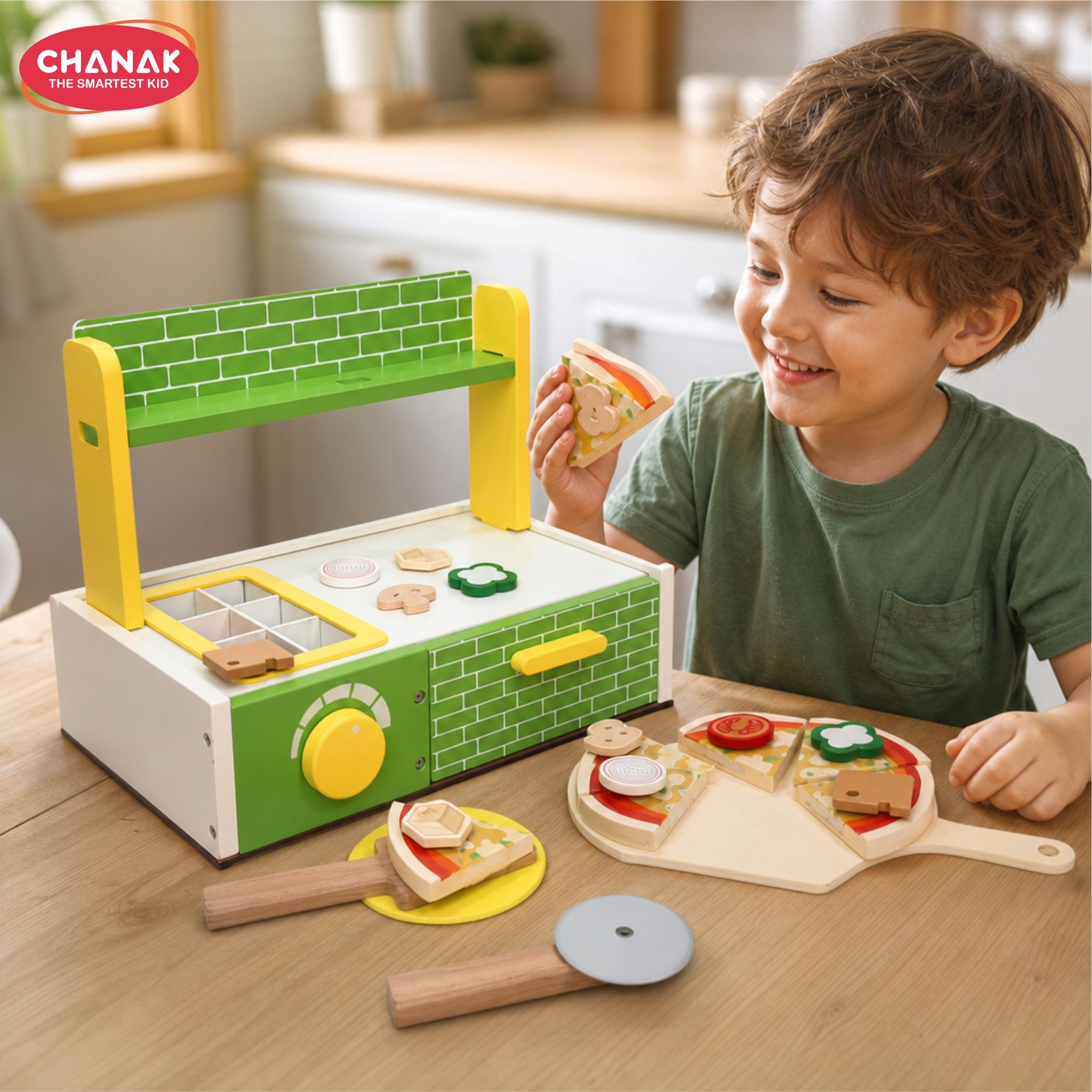 Chanak Wooden 27 Pcs Realistic Pizza Pretend Play Set for Kids, Kitchen Play Kit with Pizza Slices, Oven, Toppings & Serving Tools Perfect Gift Food playset for Boys & Girls 3+ Years, BIS Approved