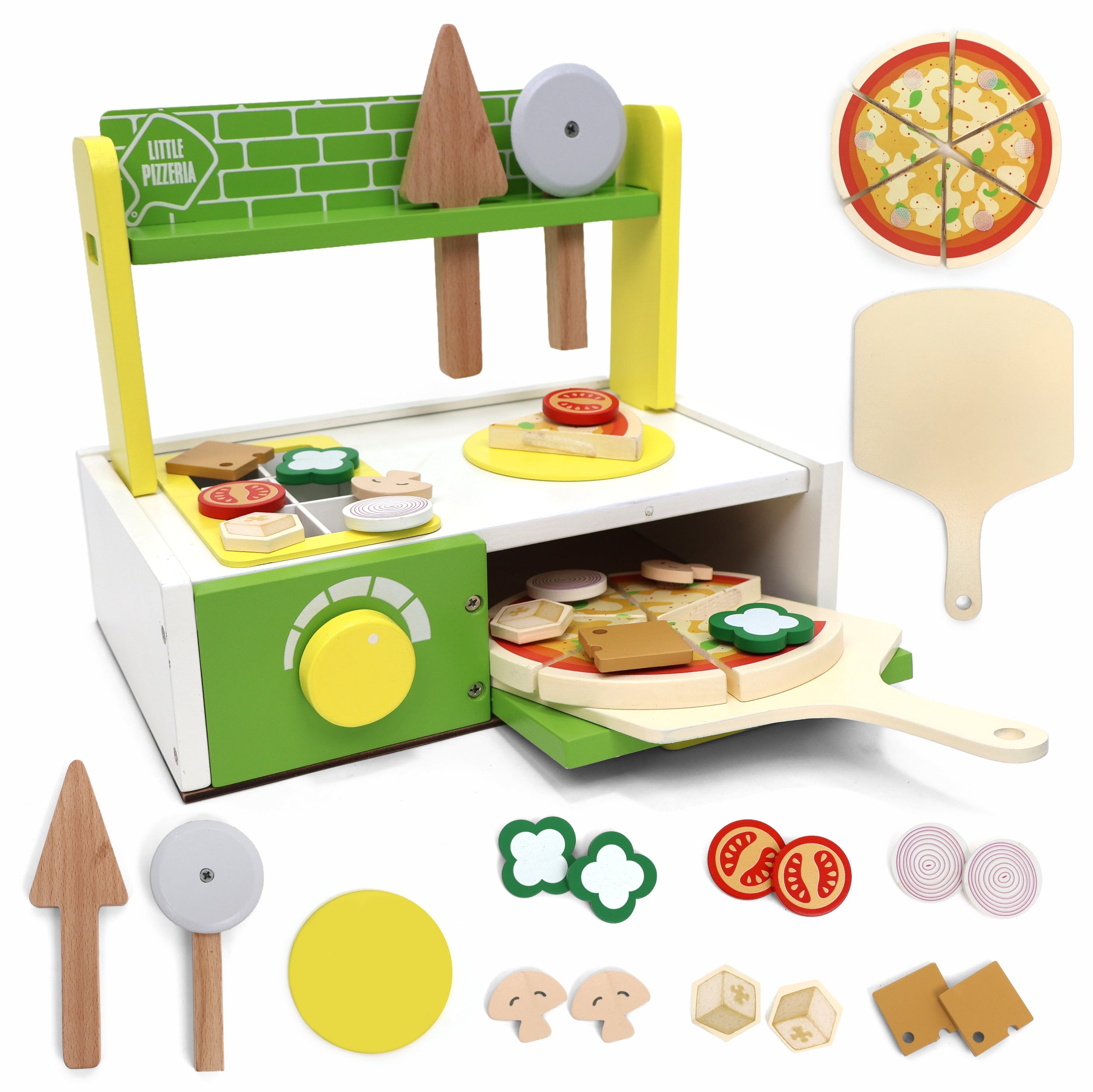 Chanak Wooden 27 Pcs Realistic Pizza Pretend Play Set for Kids, Kitchen Play Kit with Pizza Slices, Oven, Toppings & Serving Tools Perfect Gift Food playset for Boys & Girls 3+ Years, BIS Approved