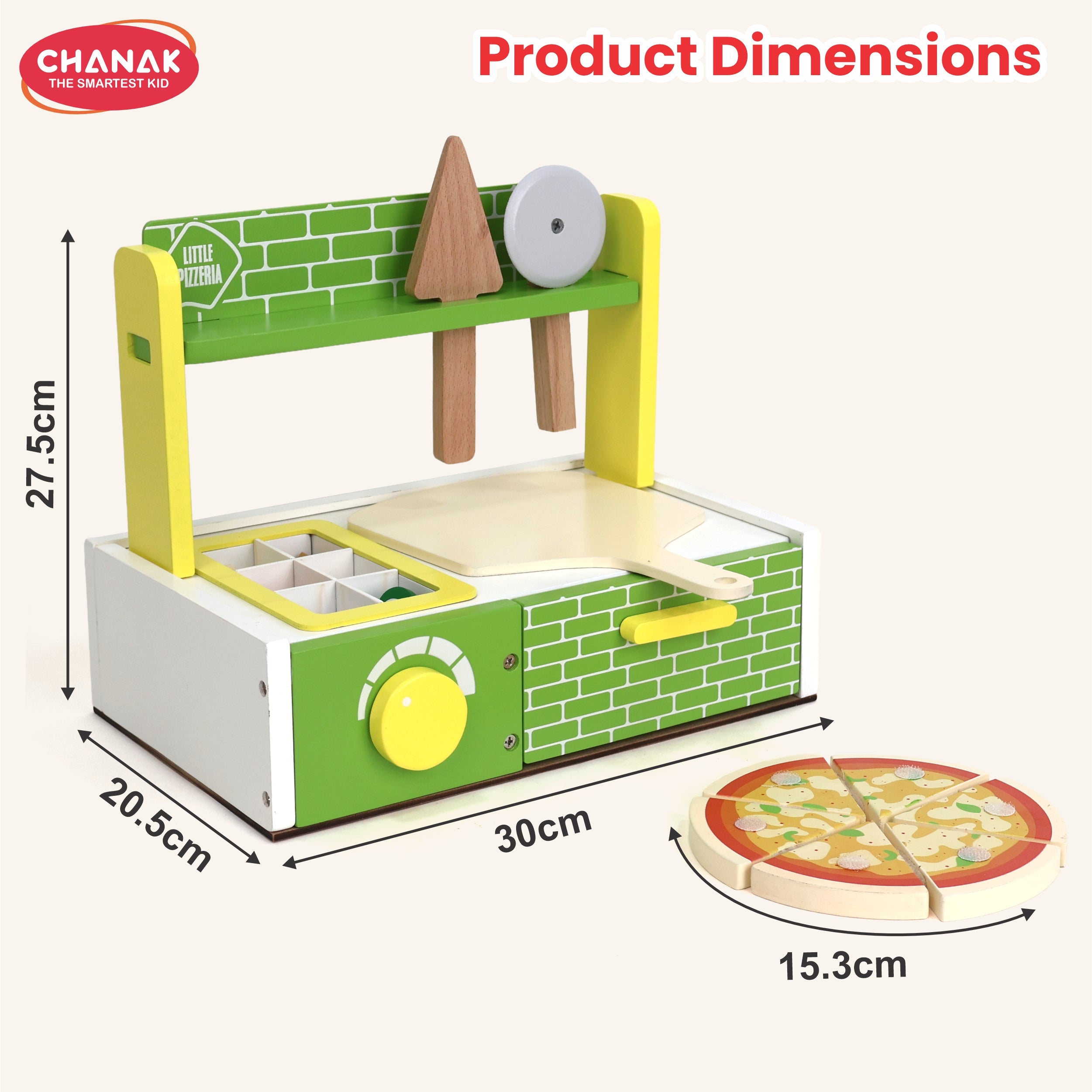 Chanak Wooden 27 Pcs Realistic Pizza Pretend Play Set for Kids, Kitchen Play Kit with Pizza Slices, Oven, Toppings & Serving Tools Perfect Gift Food playset for Boys & Girls 3+ Years, BIS Approved