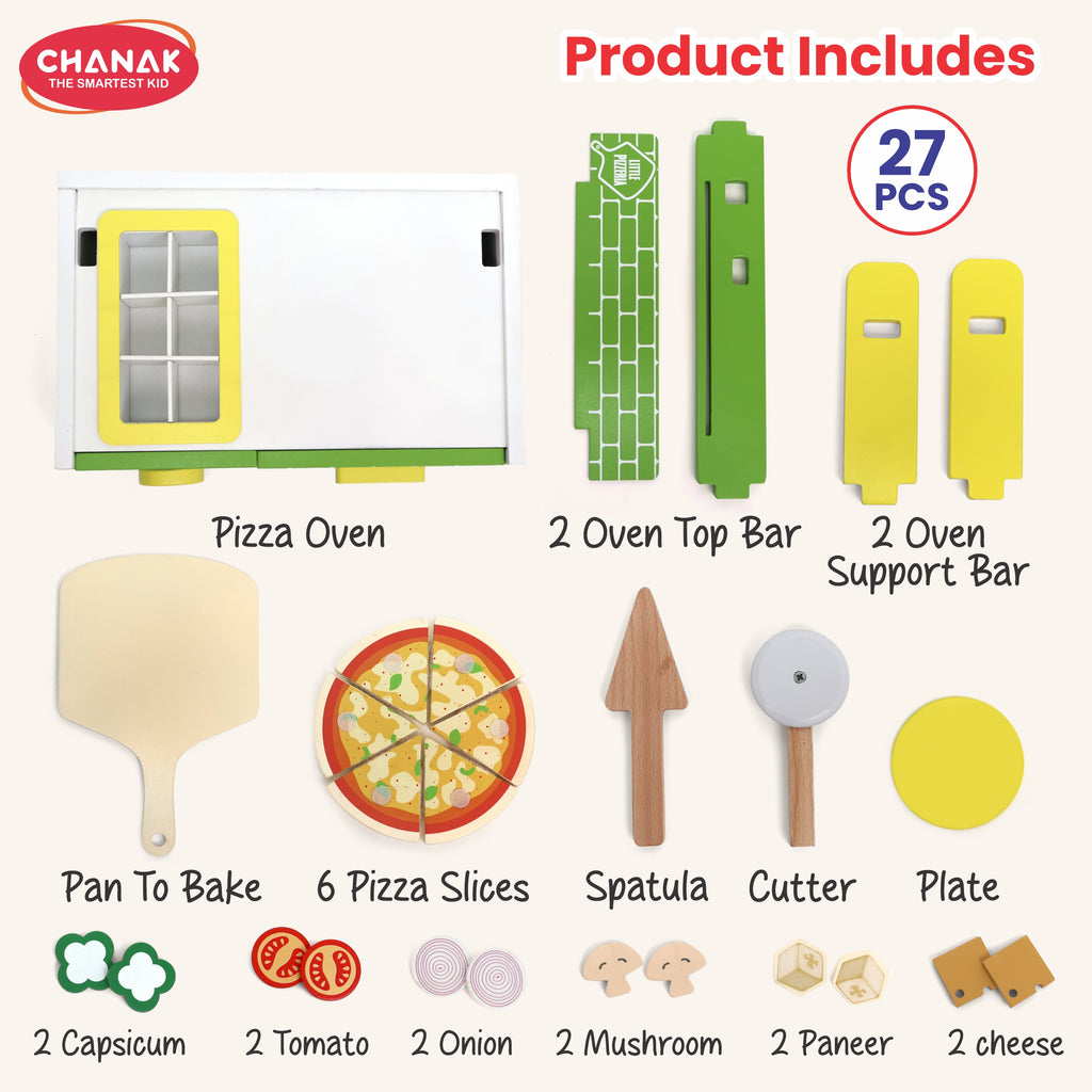 Chanak Wooden 27 Pcs Realistic Pizza Pretend Play Set for Kids, Kitchen Play Kit with Pizza Slices, Oven, Toppings & Serving Tools Perfect Gift Food playset for Boys & Girls 3+ Years, BIS Approved