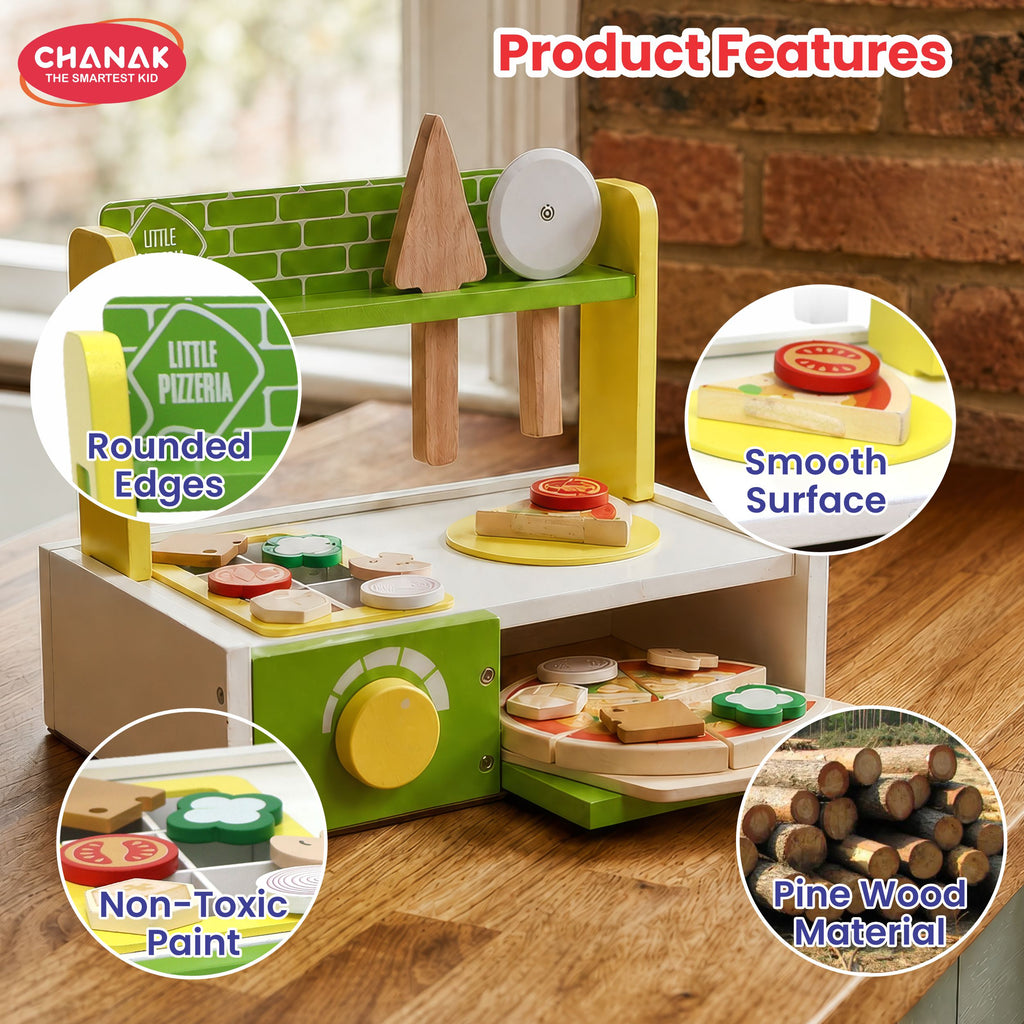 Chanak Wooden 27 Pcs Realistic Pizza Pretend Play Set for Kids, Kitchen Play Kit with Pizza Slices, Oven, Toppings & Serving Tools Perfect Gift Food playset for Boys & Girls 3+ Years, BIS Approved