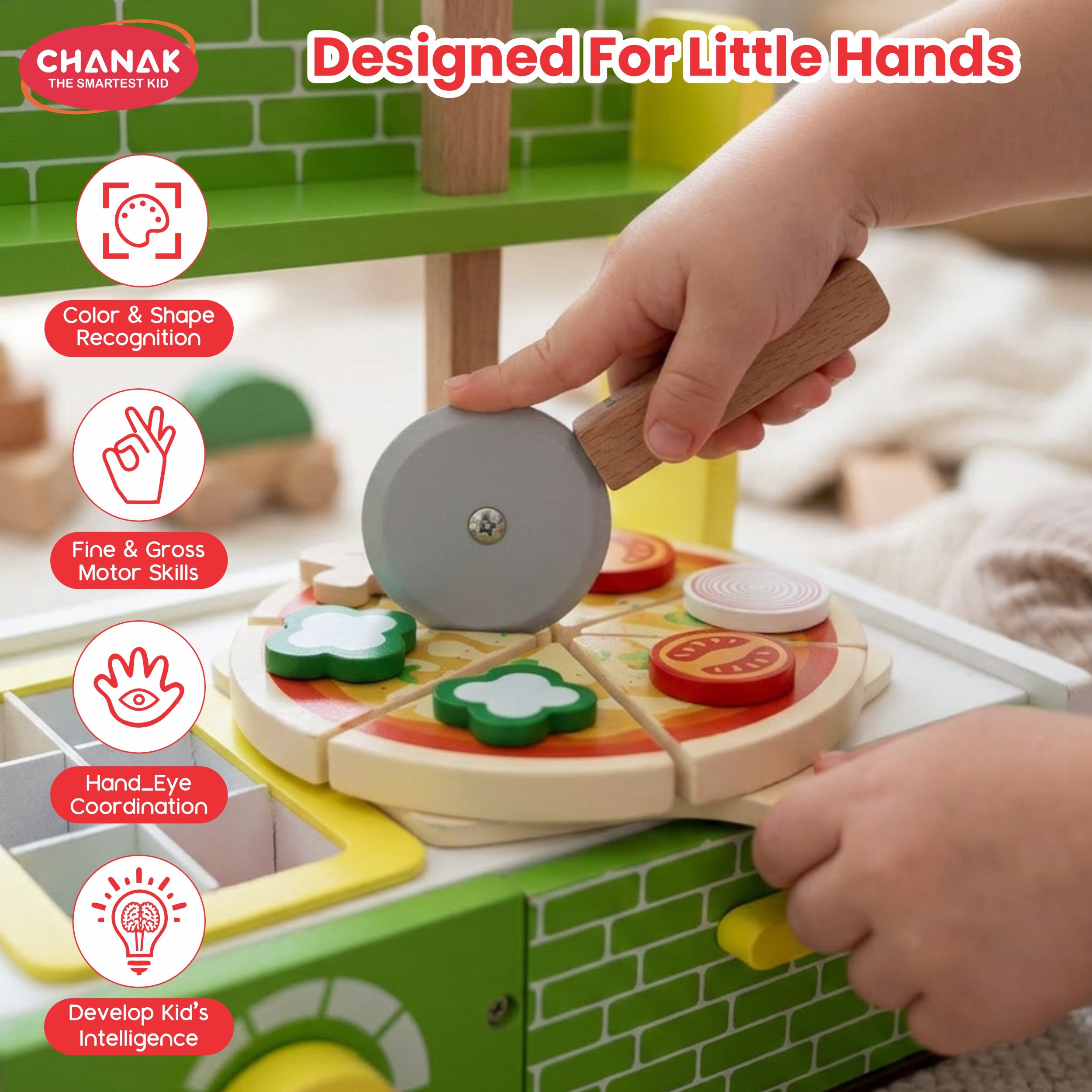 Chanak Wooden 27 Pcs Realistic Pizza Pretend Play Set for Kids, Kitchen Play Kit with Pizza Slices, Oven, Toppings & Serving Tools Perfect Gift Food playset for Boys & Girls 3+ Years, BIS Approved