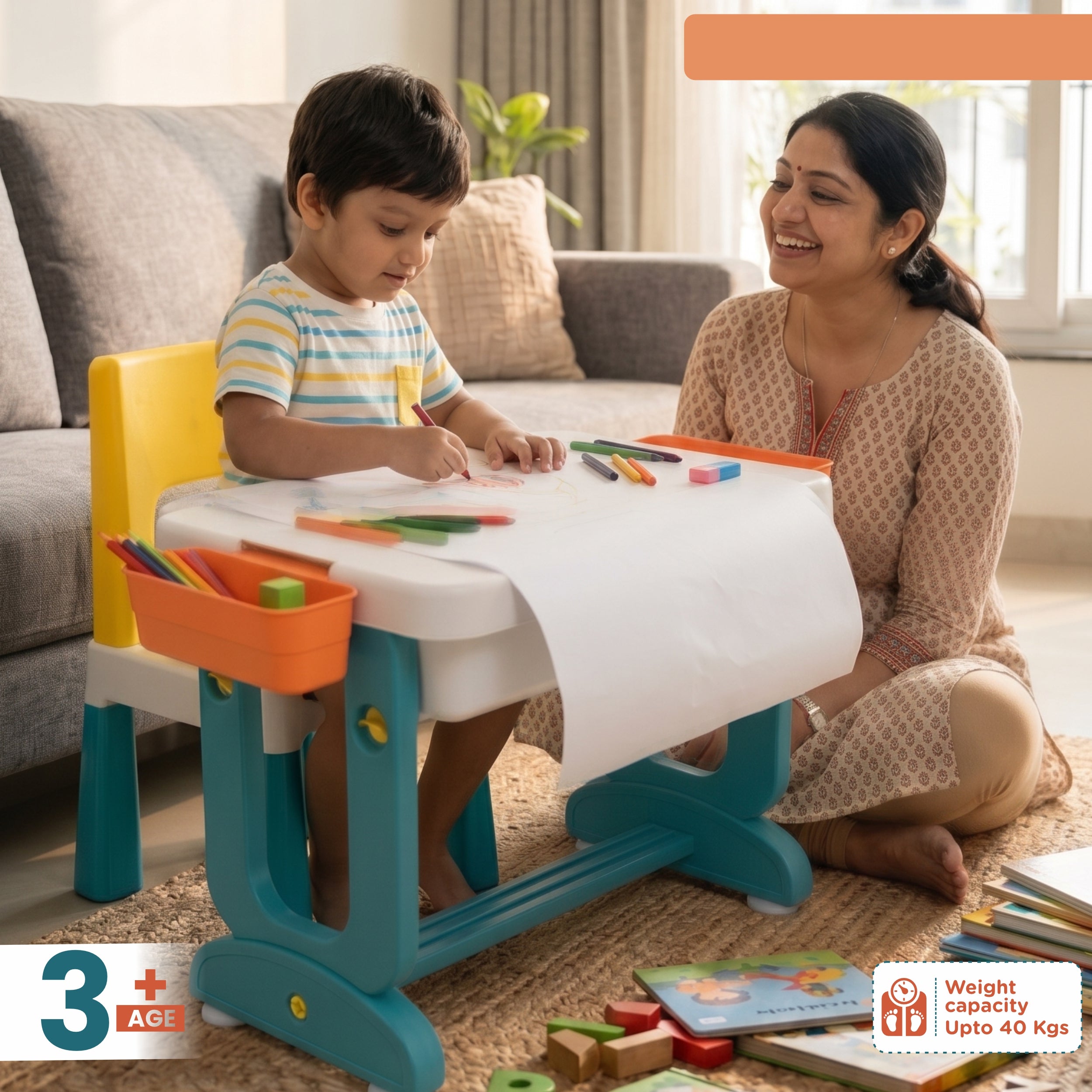 Chanak 4 In 1 Kids Study Table With Chair - Multifunctional Study Table For Reading, Building Blocks Drawing - Round Edge Kids Desk With Storage Tray - Foldable Desk Set Upto 40 Kg Weight Capacity chanak