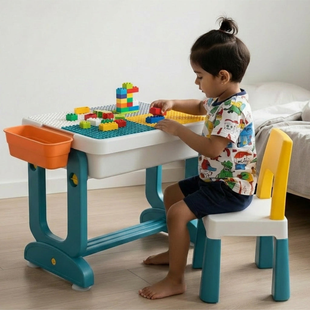 Chanak 4 In 1 Kids Study Table With Chair - Multifunctional Study Table For Reading, Building Blocks Drawing - Round Edge Kids Desk With Storage Tray - Foldable Desk Set Upto 40 Kg Weight Capacity chanak