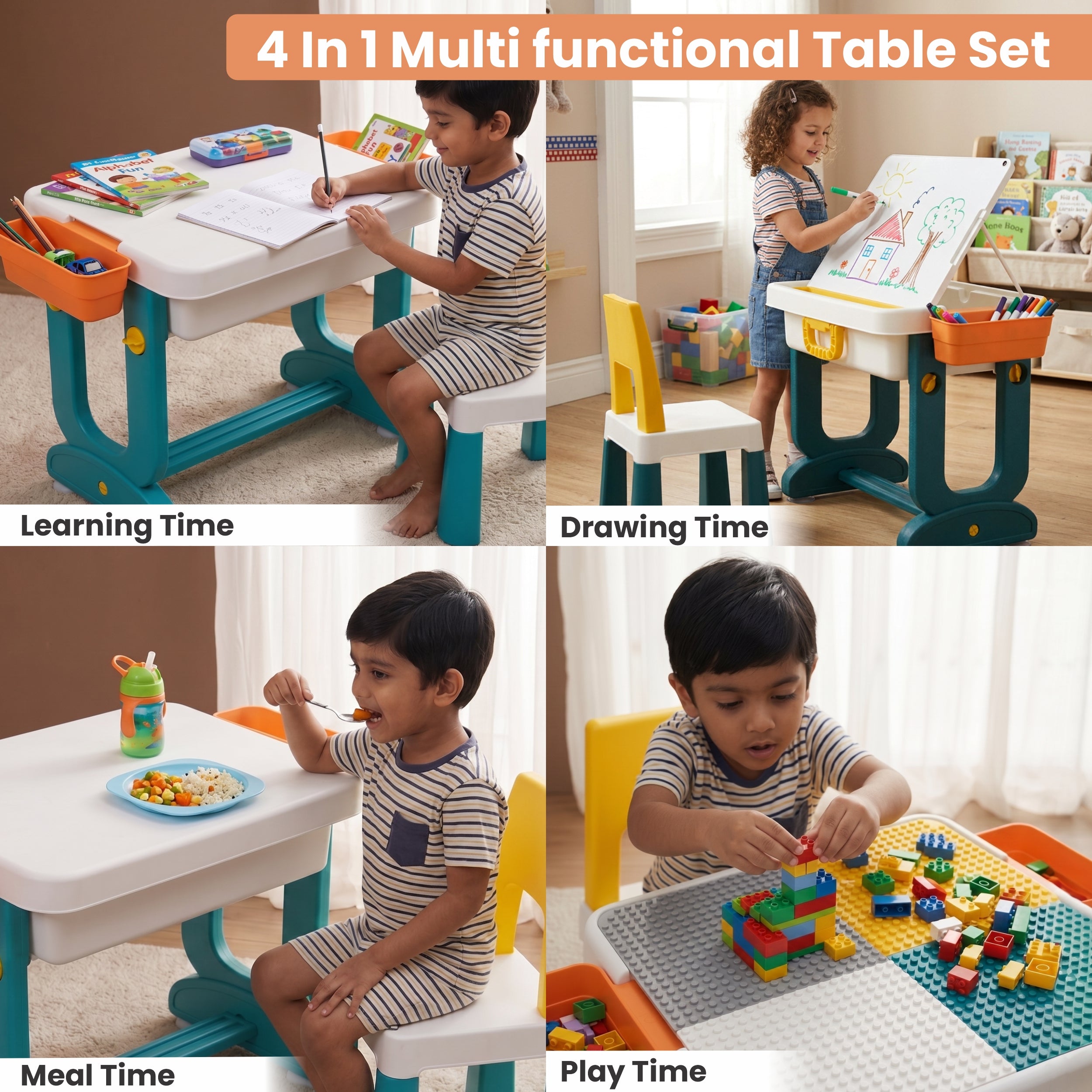 Chanak 4 In 1 Kids Study Table With Chair - Multifunctional Study Table For Reading, Building Blocks Drawing - Round Edge Kids Desk With Storage Tray - Foldable Desk Set Upto 40 Kg Weight Capacity chanak