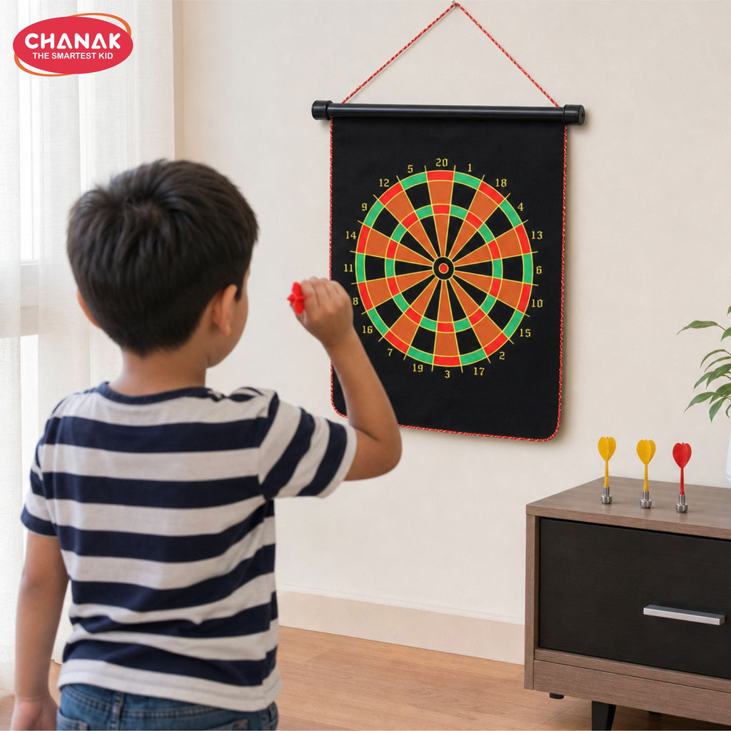 Chanak Magnetic Dart Board for Kids 5+ Years | Dual Sided Foldable 14 Inch Mat with 4 Blunt-Tip Darts – BIS Approved