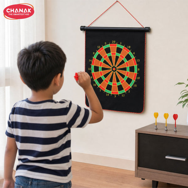 Chanak Magnetic Dart Board for Kids 5+ Years | Dual Sided Foldable 14 Inch Mat with 4 Blunt-Tip Darts – BIS Approved