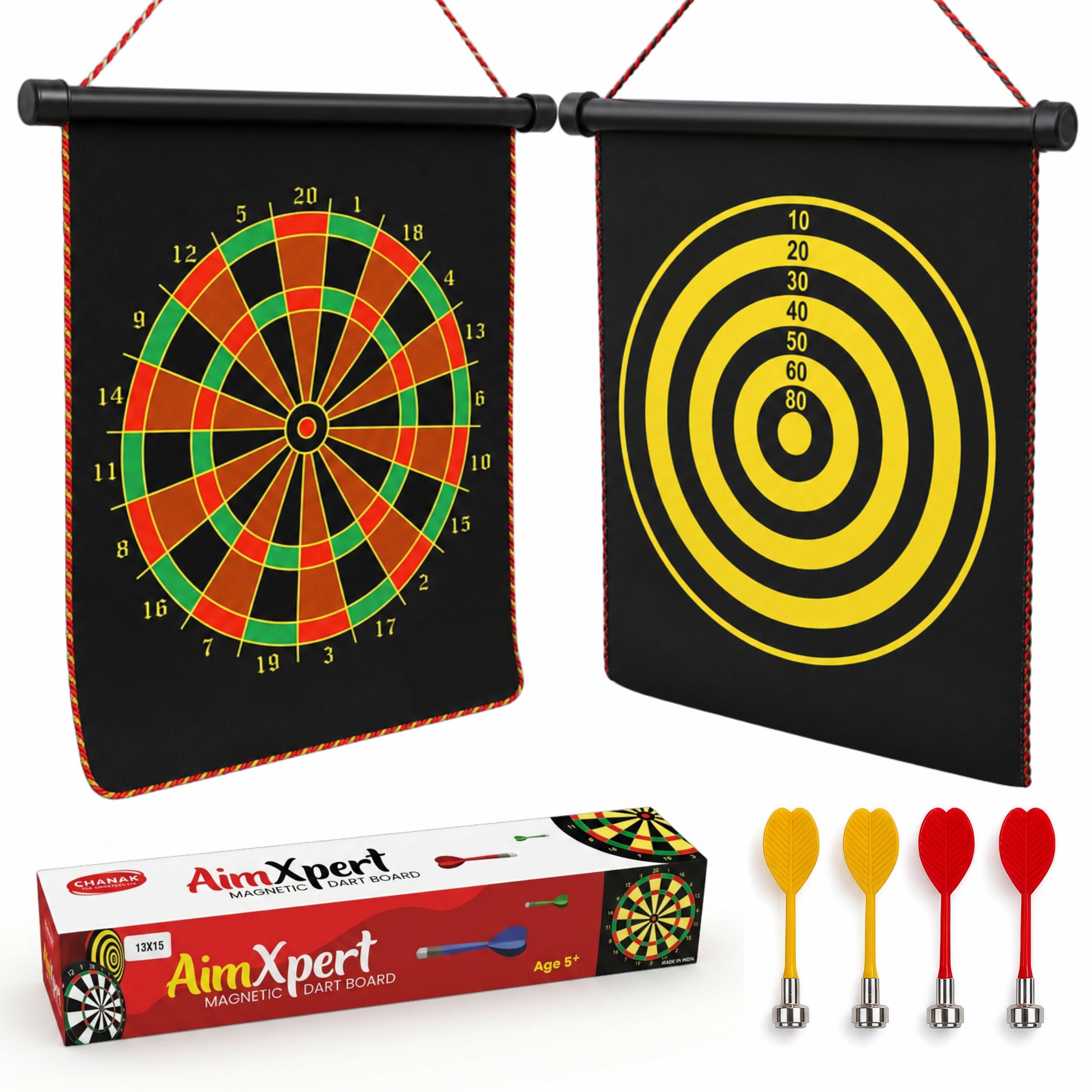 Chanak Magnetic Dart Board for Kids 5+ Years | Dual Sided Foldable 14 Inch Mat with 4 Blunt-Tip Darts – BIS Approved