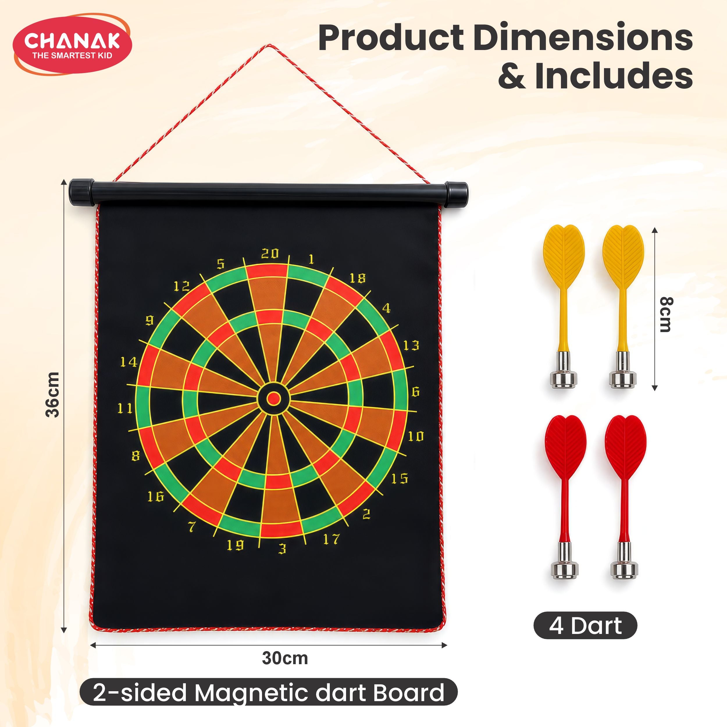 Chanak Magnetic Dart Board for Kids 5+ Years | Dual Sided Foldable 14 Inch Mat with 4 Blunt-Tip Darts – BIS Approved