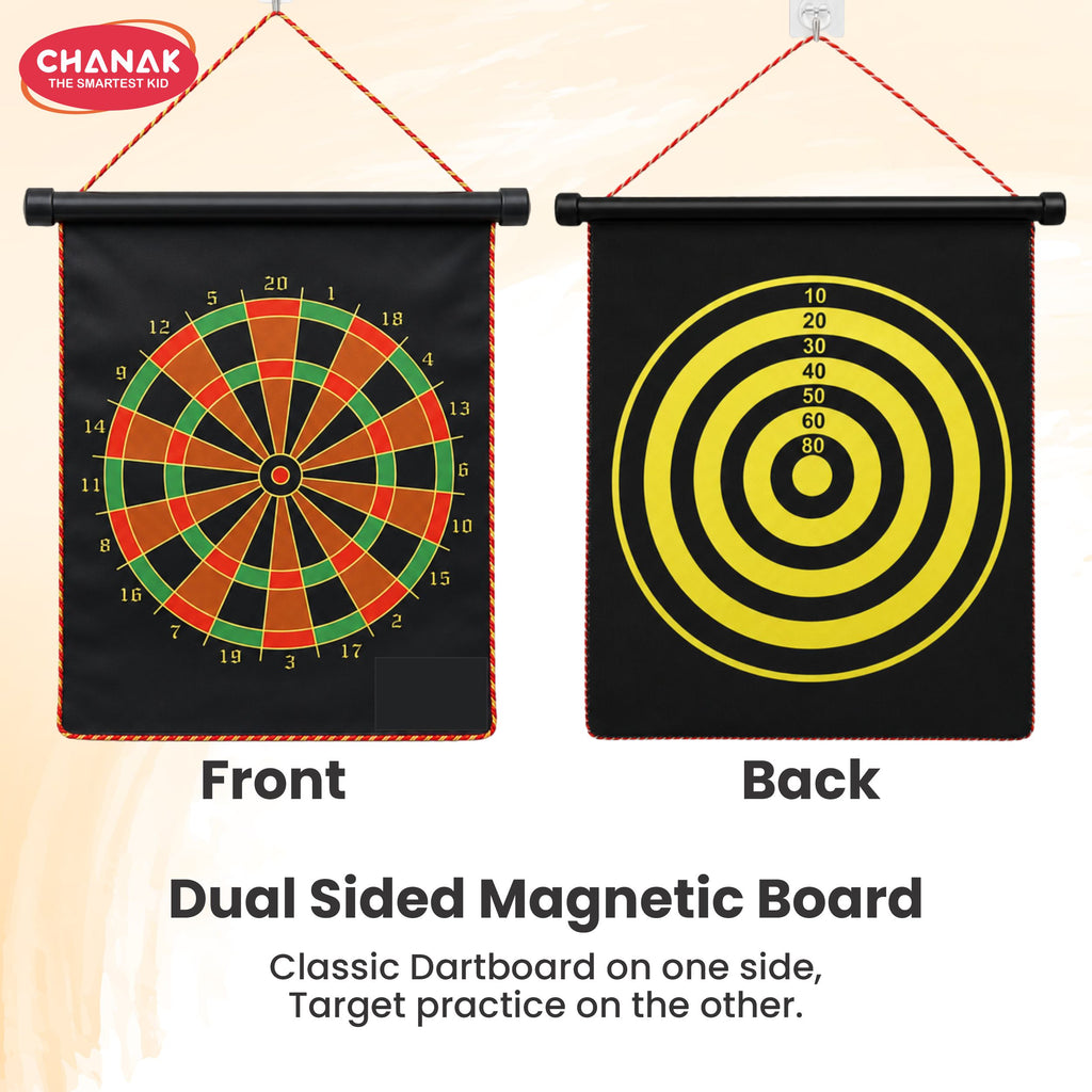 Chanak Magnetic Dart Board for Kids 5+ Years | Dual Sided Foldable 14 Inch Mat with 4 Blunt-Tip Darts – BIS Approved