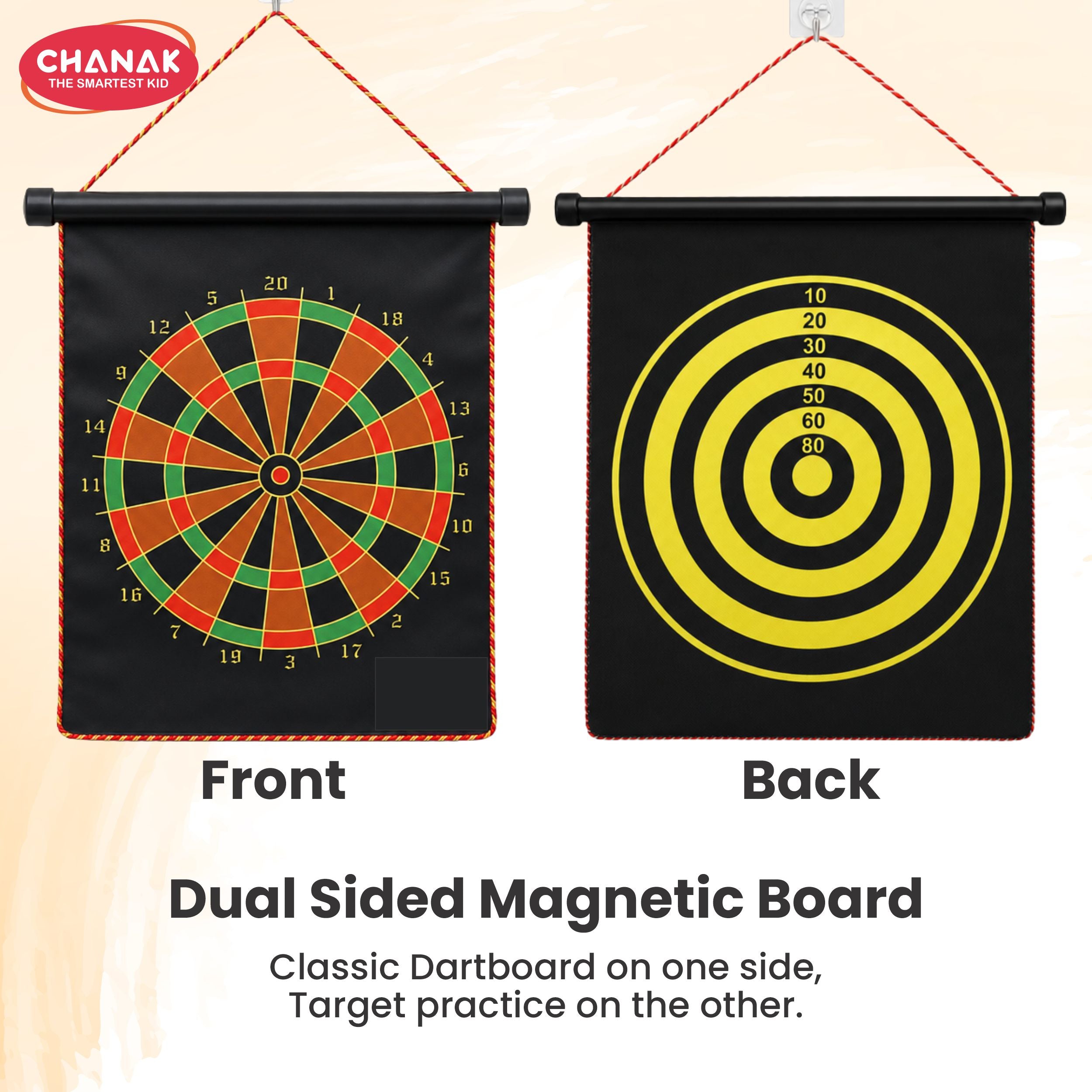Chanak Magnetic Dart Board for Kids 5+ Years | Dual Sided Foldable 14 Inch Mat with 4 Blunt-Tip Darts – BIS Approved