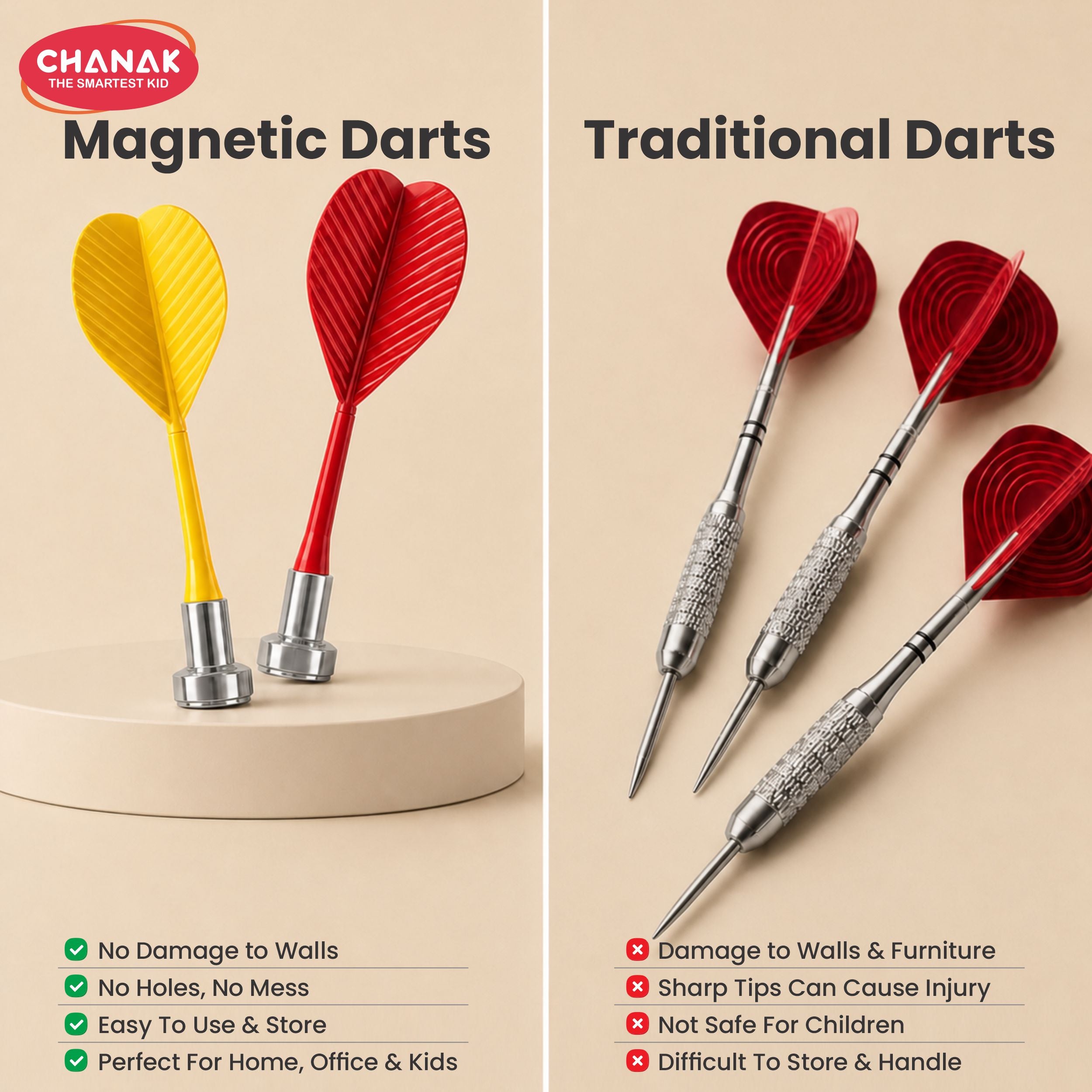 Chanak Magnetic Dart Board for Kids 5+ Years | Dual Sided Foldable 14 Inch Mat with 4 Blunt-Tip Darts – BIS Approved