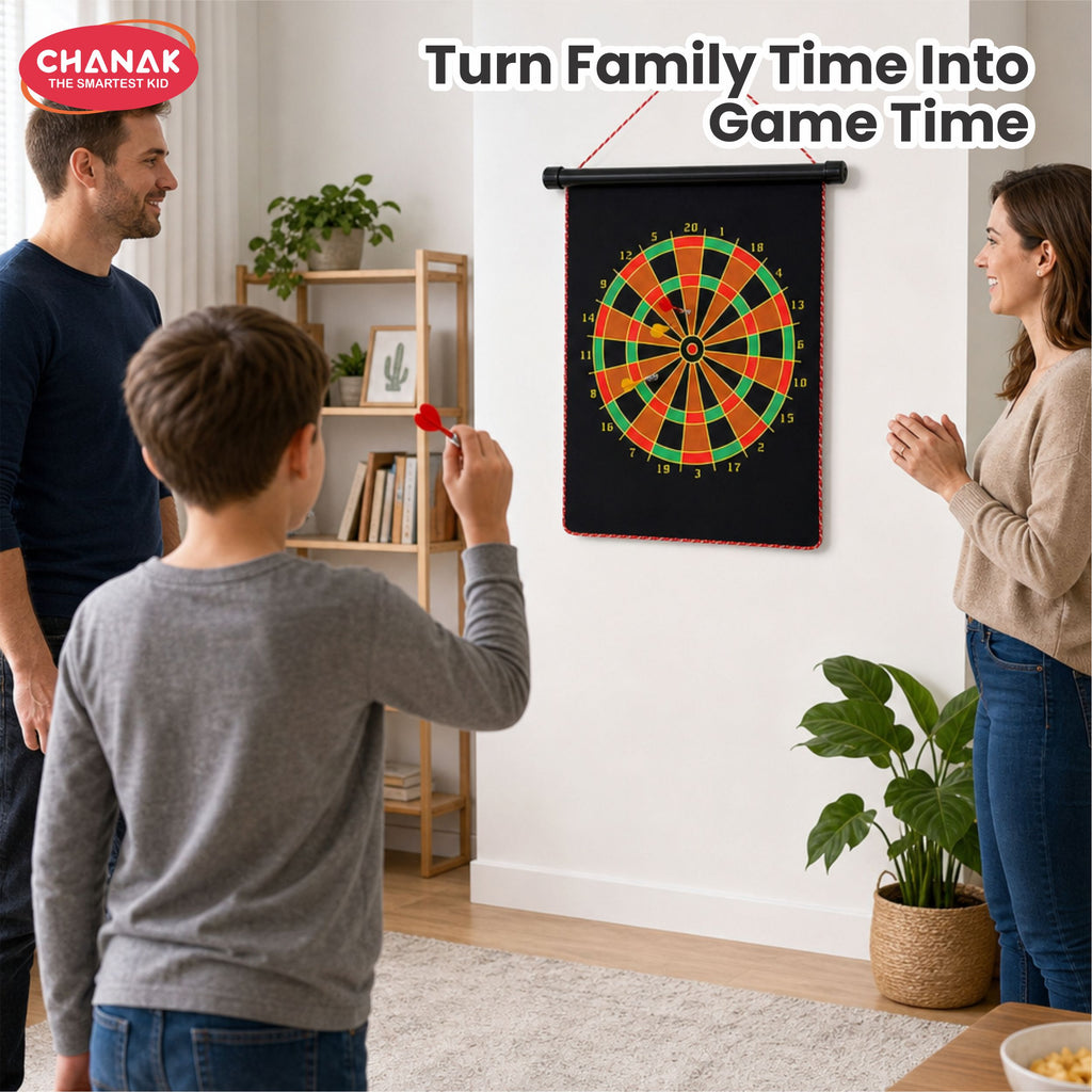 Chanak Magnetic Dart Board for Kids 5+ Years | Dual Sided Foldable 14 Inch Mat with 4 Blunt-Tip Darts – BIS Approved