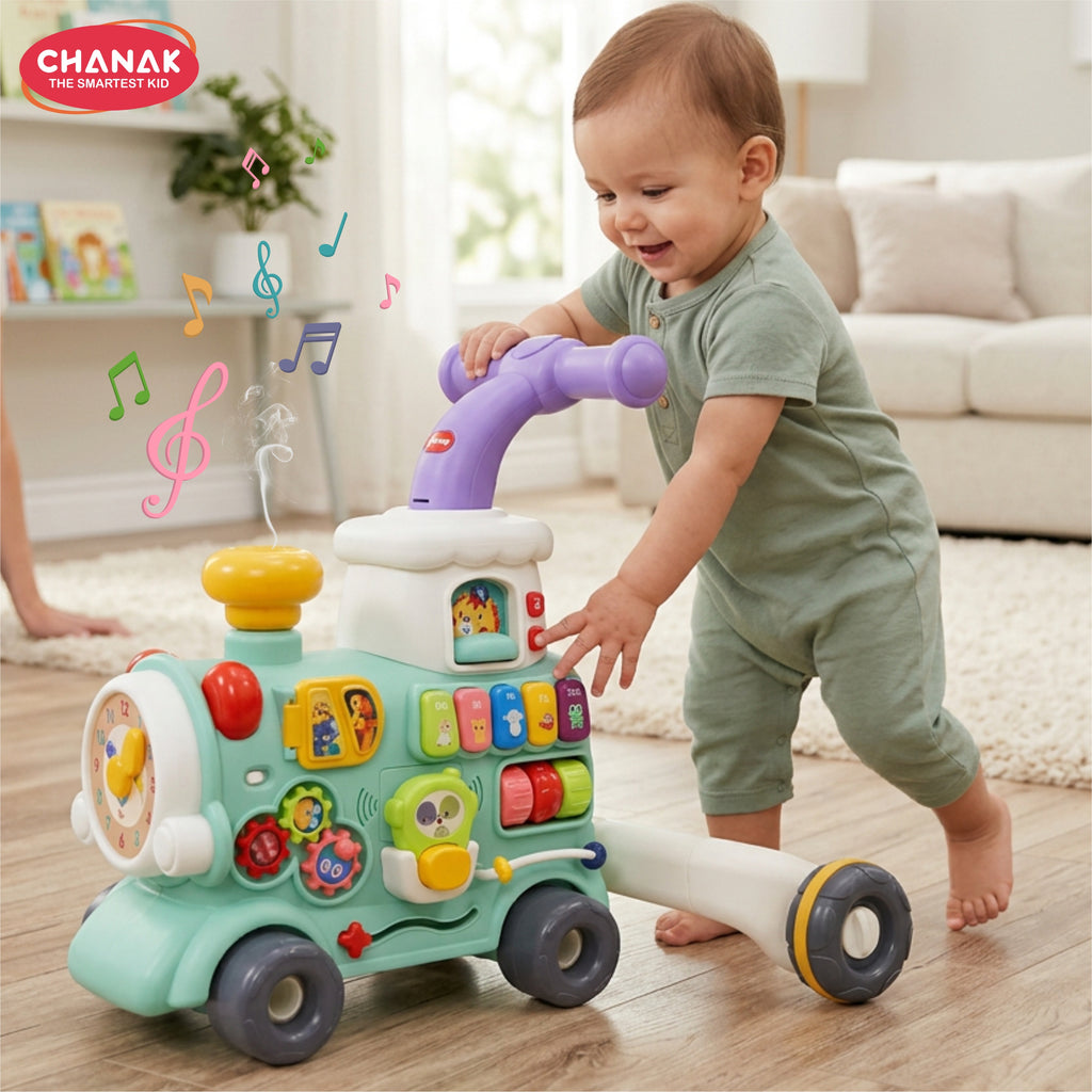 Chanak Mini Tiny Train Baby Walker - Ride-On Train for Kids 9+ Months, Musical Toy with Push & Pull Handle, Multi Activity Learning Walker with Gears, Animal Sounds, Sensory Play for Boys & Girls