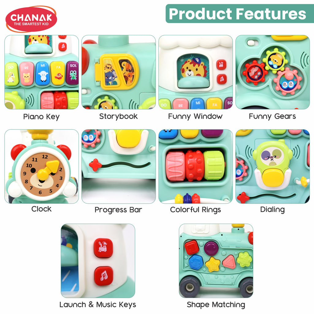 Chanak Mini Tiny Train Baby Walker - Ride-On Train for Kids 9+ Months, Musical Toy with Push & Pull Handle, Multi Activity Learning Walker with Gears, Animal Sounds, Sensory Play for Boys & Girls