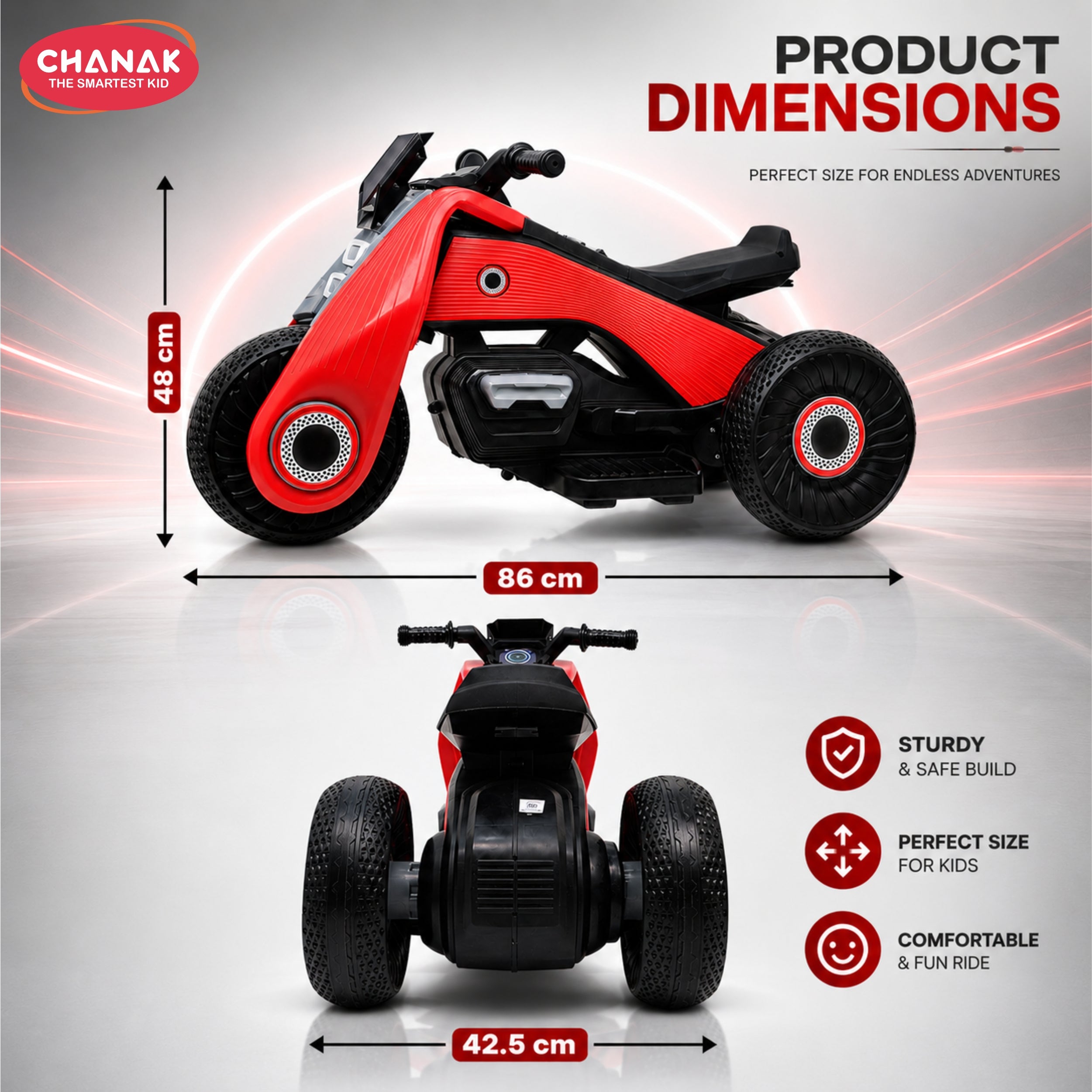 Chanak Electric Ride-On Bike for Kids 3+ Years | 6V Rechargeable 3-Wheel Scooter with Wide Tyres – BIS Approved (Red) – 6 Month Replacement Warranty