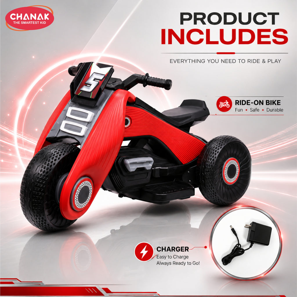 Chanak Electric Ride-On Bike for Kids 3+ Years | 6V Rechargeable 3-Wheel Scooter with Wide Tyres – BIS Approved (Red) – 6 Month Replacement Warranty