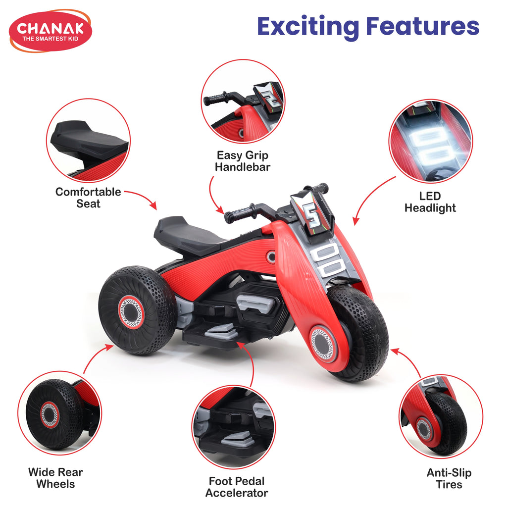Chanak Electric Kids Bike, 6V Rechargeable Battery Electric Ride-On Toy Bike, Electric Bike for Kids with Three Wheel, Wide Tires & Handlebar Control, Kids Scooter for Girls & Boys 3+ (Red)