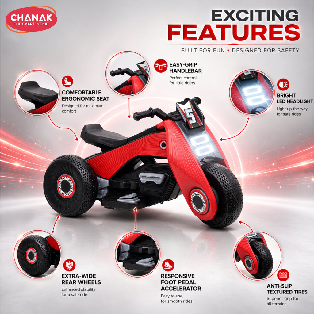 Chanak Electric Ride-On Bike for Kids 3+ Years | 6V Rechargeable 3-Wheel Scooter with Wide Tyres – BIS Approved (Red) – 6 Month Replacement Warranty