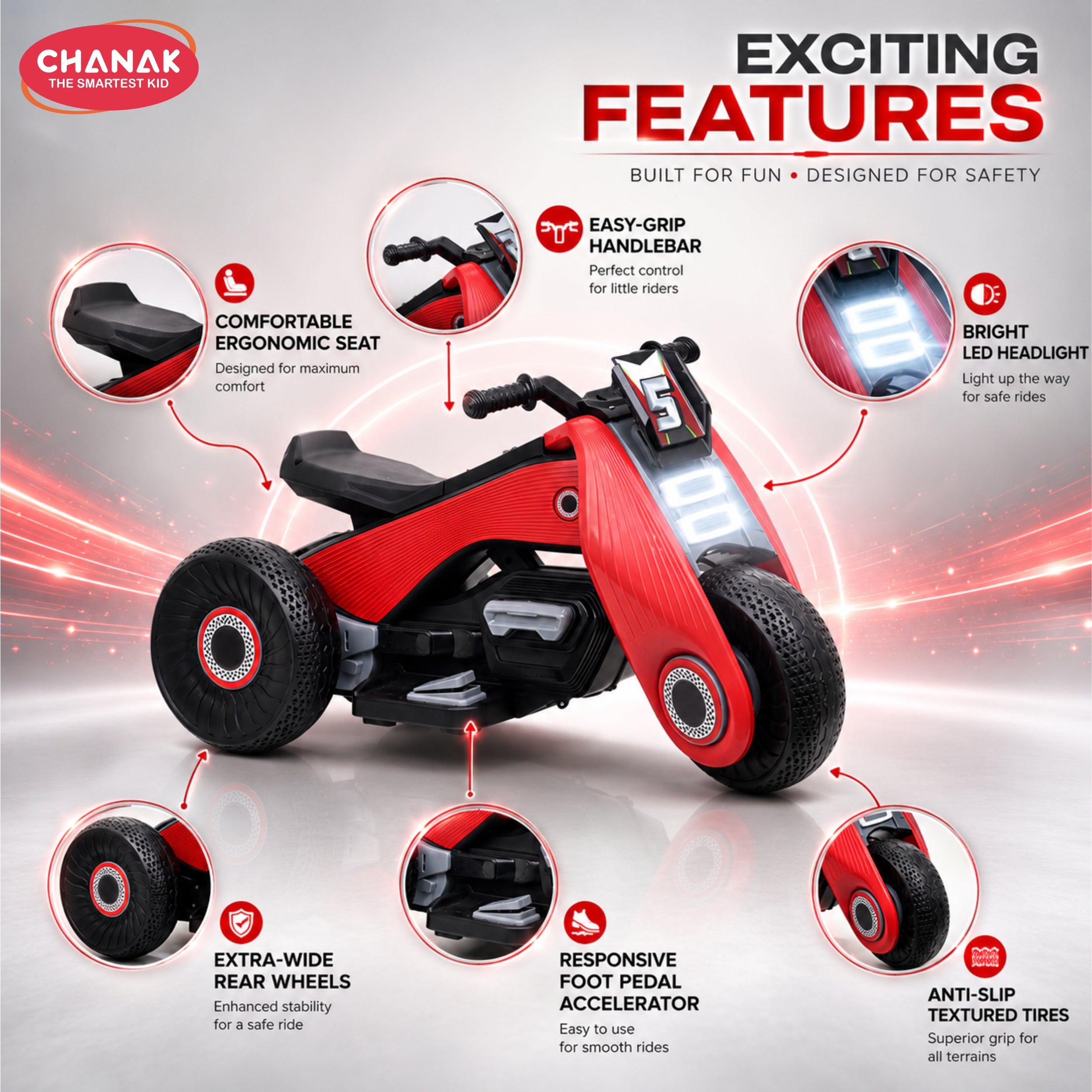 Chanak Electric Ride-On Bike for Kids 3+ Years | 6V Rechargeable 3-Wheel Scooter with Wide Tyres – BIS Approved (Red) – 6 Month Replacement Warranty