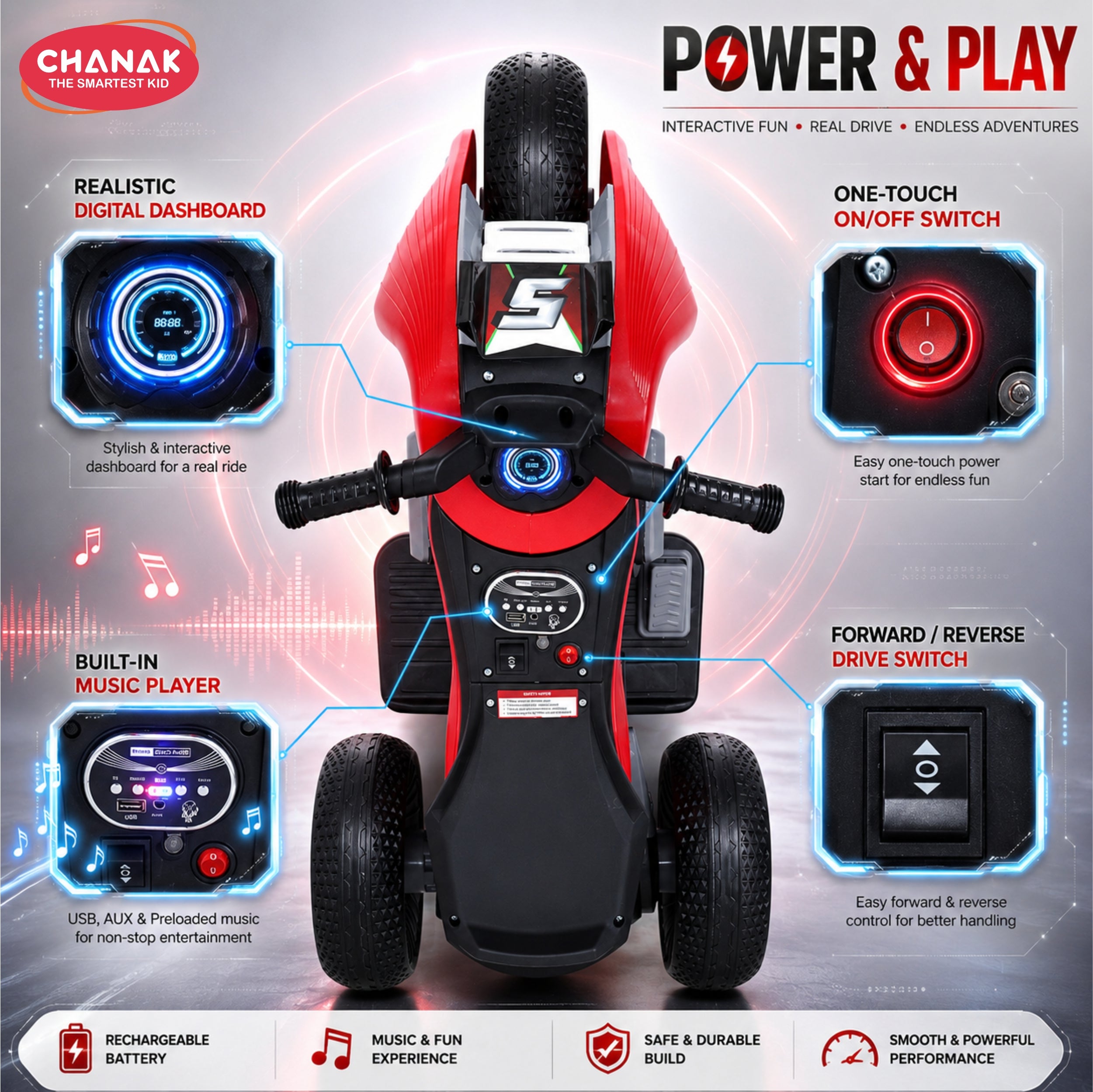 Chanak Electric Ride-On Bike for Kids 3+ Years | 6V Rechargeable 3-Wheel Scooter with Wide Tyres – BIS Approved (Red) – 6 Month Replacement Warranty