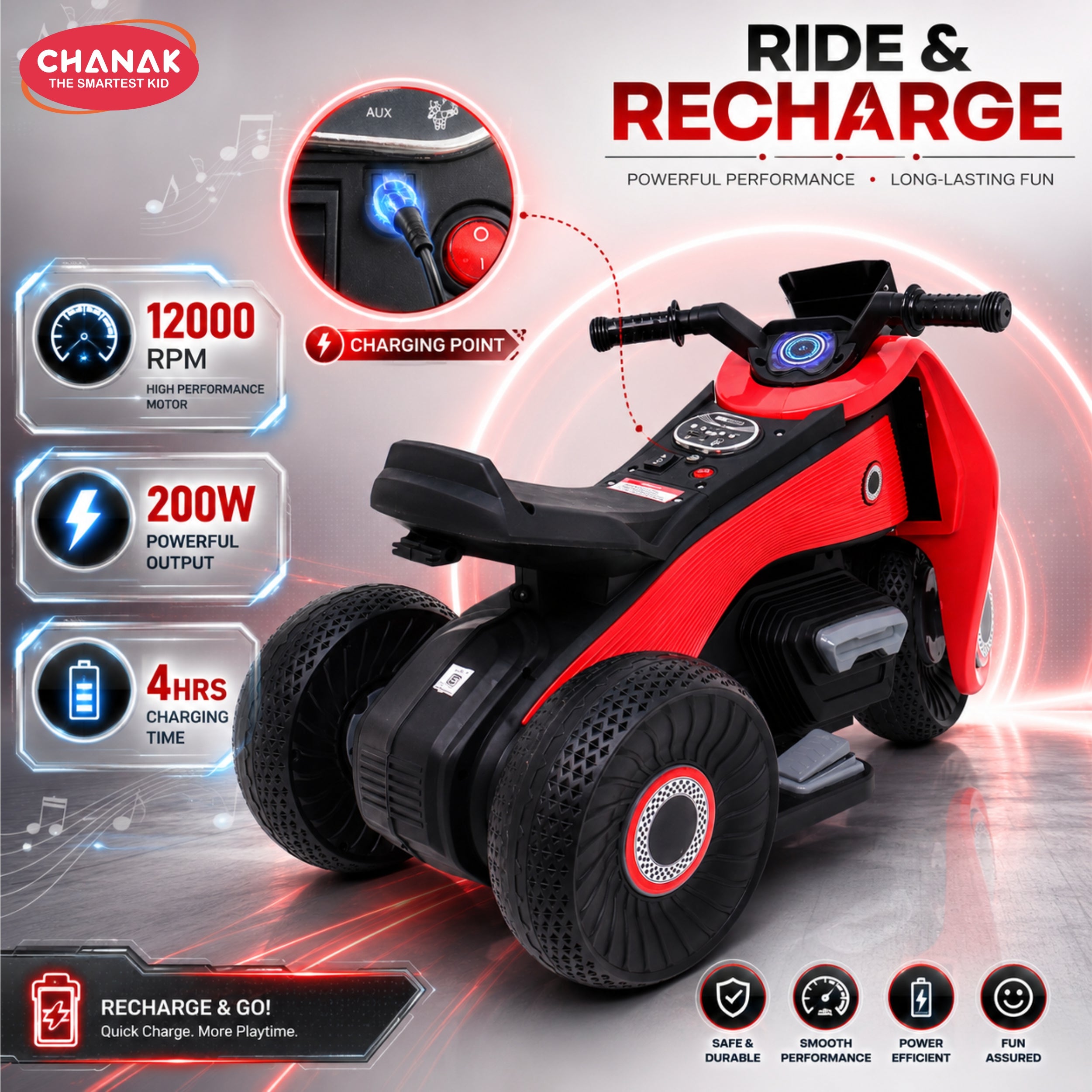 Chanak Electric Ride-On Bike for Kids 3+ Years | 6V Rechargeable 3-Wheel Scooter with Wide Tyres – BIS Approved (Red) – 6 Month Replacement Warranty